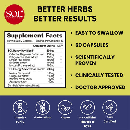 Sol Nutrition Happy Day Supplement: Combining The Natural Herbal Properties of Collective Happiness Bark, Astragalus, and Gingko Biloba to Support a Healthy Lifestyle - 60 Easy to Swallow Capsules Sol NutritionBuy Supplements Australia