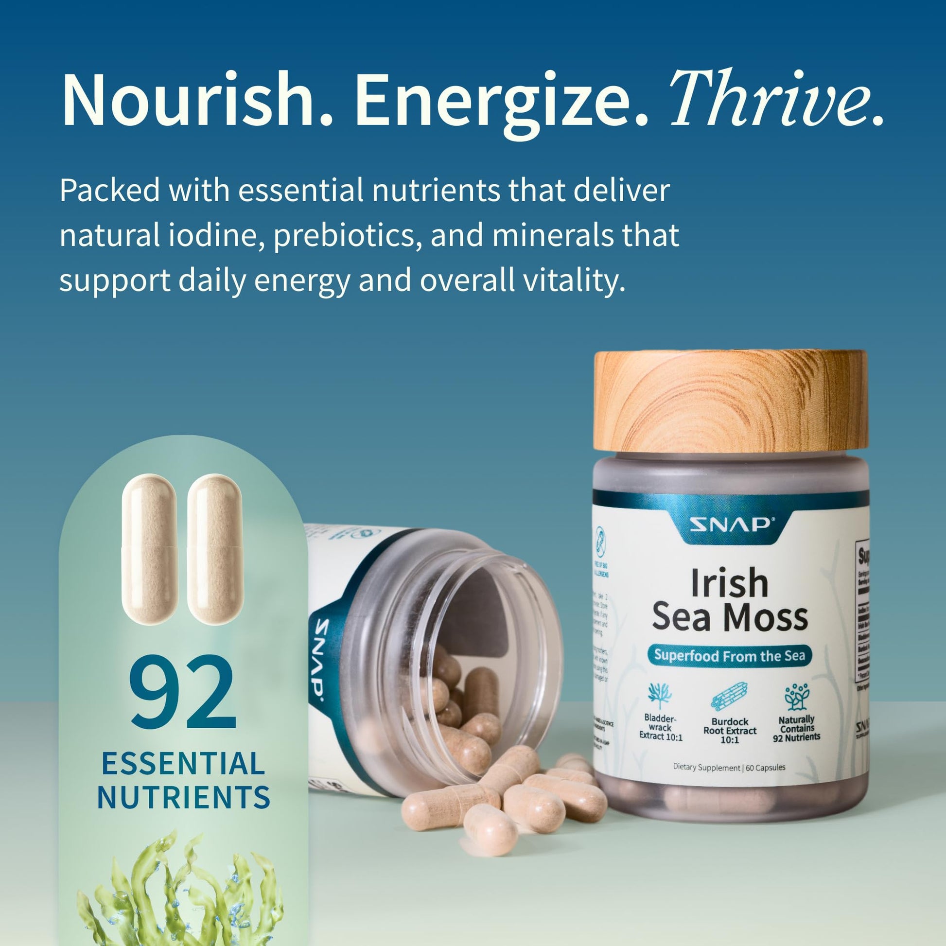 Snap Supplements Irish Sea Moss with Bladderwrack, Burdock Root & Iodine – Natural Sea Moss Supplement to Support Gut Health, Energy & Healthy-Looking Skin, 60 Vegan Capsules (1 Month Supply) Snap SupplementsBuy Supplements Australia