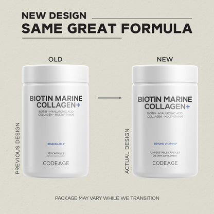 Codeage Biotin Marine Collagen Peptides - Wild-Caught Marine Collagen Types I & III, Biotin, Vitamins C & E, Hyaluronic Acid, Amino Acids, Fruit and Herb Blend, Non-GMO - 120 Capsules CodeageBuy Supplements Australia