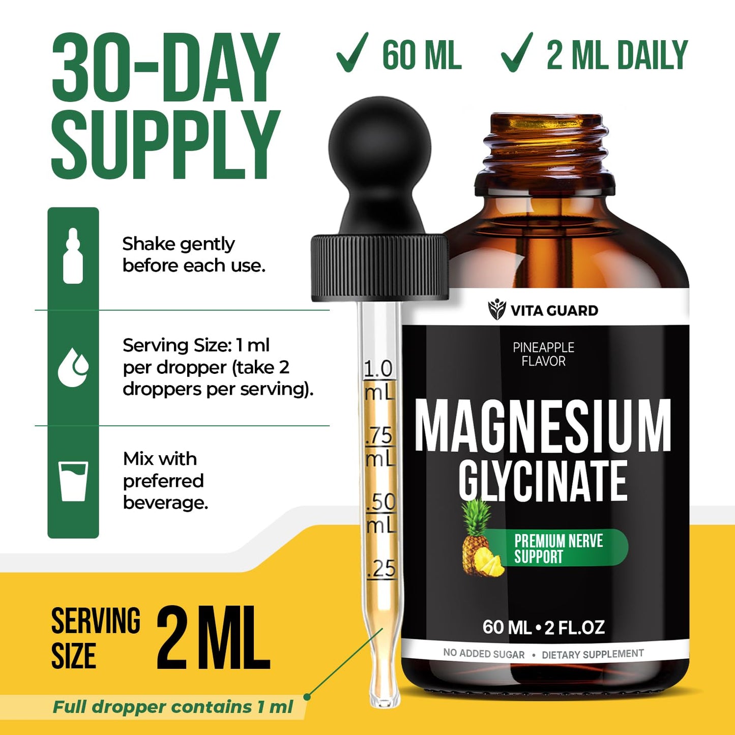 Magnesium Glycinate 500mg Liquid Drops – Sugar-Free Magnesium Supplement, Vegan Formula, 60 mL Flavor Pineapple Vita GuardBuy Supplements Australia