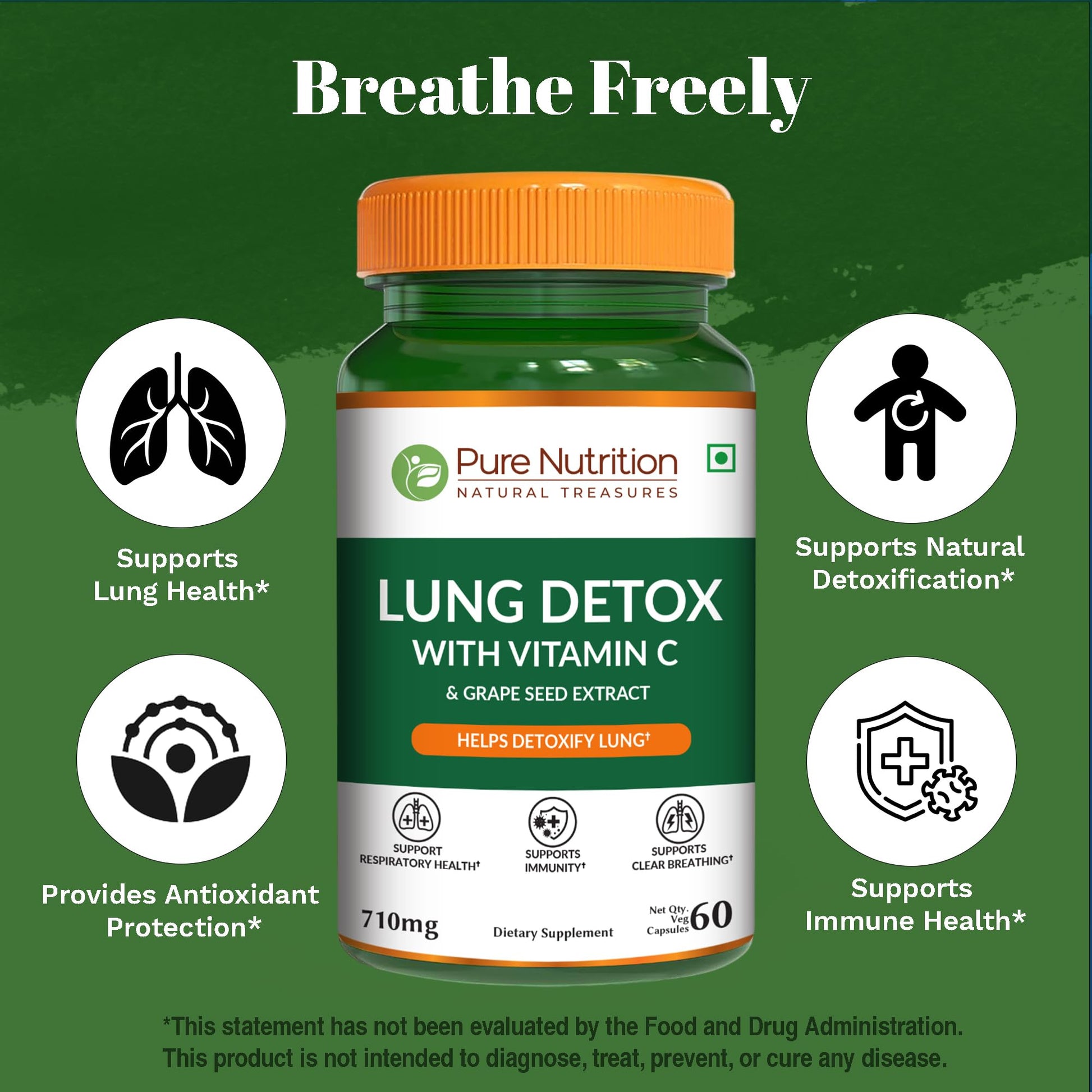 Pure Nutrition Lung Health Supplement | 60 Caps | Herbal Lung Support Formula with Quercetin, Vitamin C, Nettle, Vasaka Leaf, Lotus, Licorice & Ginger. PURE NUTRITION NATURAL TREASURESBuy Supplements Australia