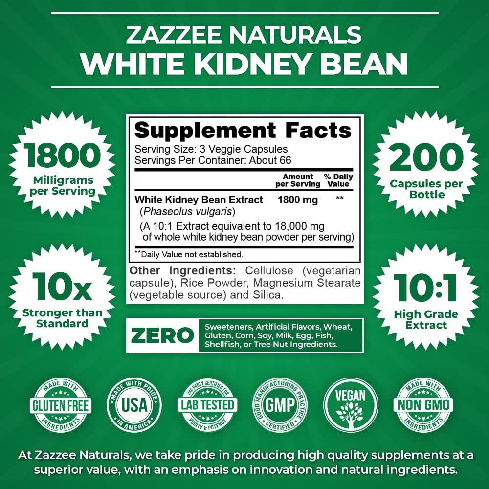 Zazzee White Kidney Bean 10:1 Extract, 18,000 mg Strength, 200 Vegan Capsules, Over 2 Month Supply ZazzeeBuy Supplements Australia