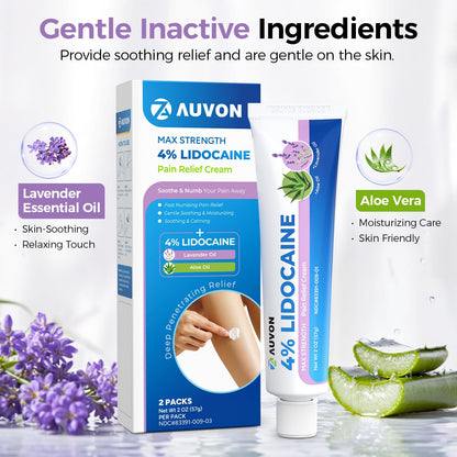 AUVON Max Strength Lidocaine Pain Relief Cream with Lavender & Aloe Vera, Numbing Cream for Minor Arthritis Pain, Soothing Muscle for Neck, Shoulder, Hip, Knee, Joint and Back Pain, 2 Oz, 2 Packs AUVONBuy Supplements Australia