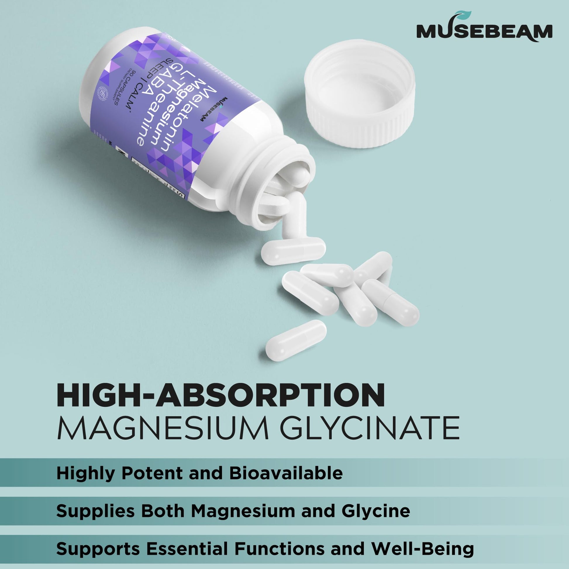 MuseBeam Magnesium Glycinate 275mg Melatonin 5mg L-Theanine 200mg GABA 100mg Capsules - Full Rest Nighttime Bedtime Support Supplement for Men Women - Vegan Sugar-Free Gluten-Free musebeamBuy Supplements Australia