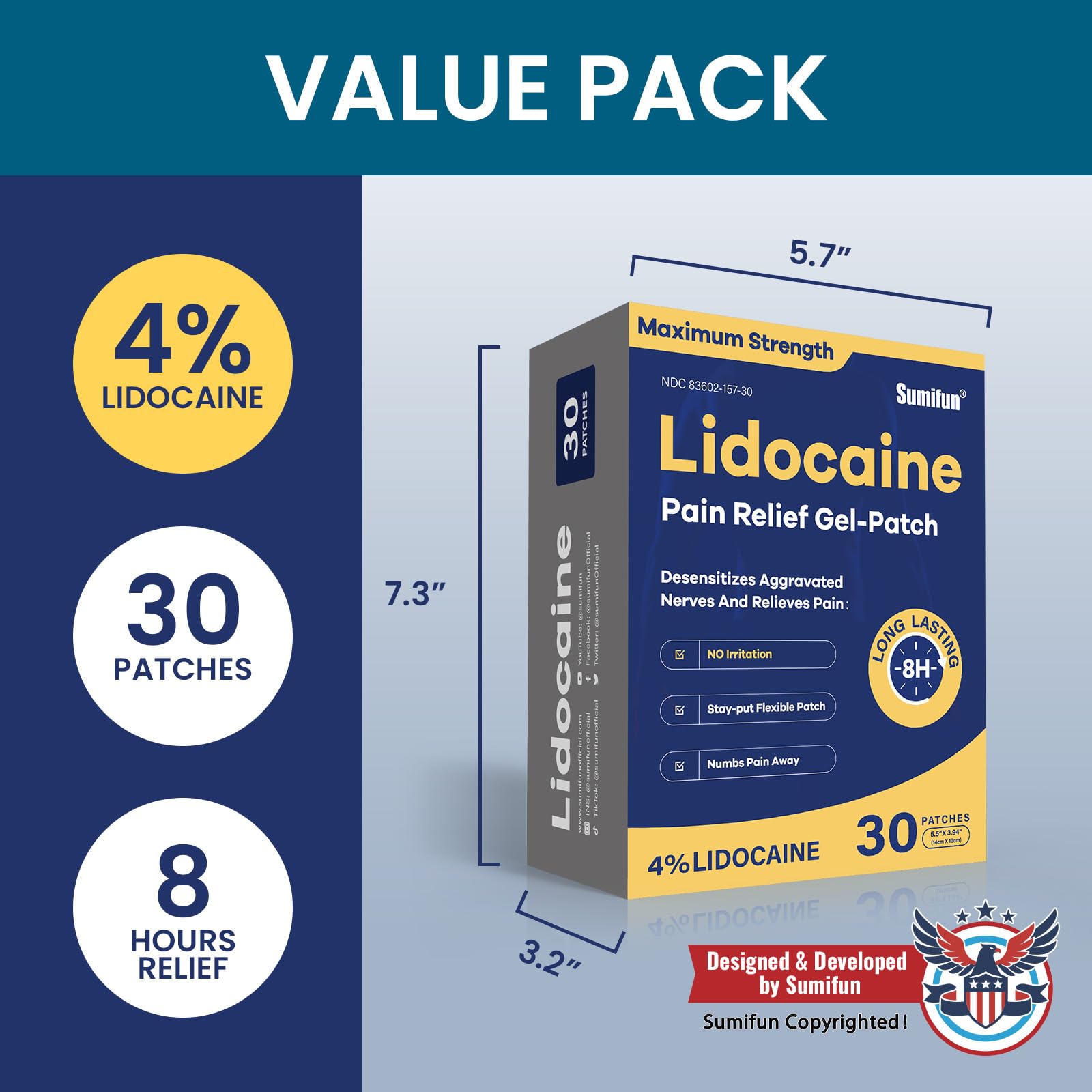 Sumifun 4% Lidocaine Pain Relief Patches 30 Count Maximum Strength Numbing Gel Patch for Back Knee Neck Joint Ache Muscle Soreness Topical Analgesic SumifunBuy Supplements Australia
