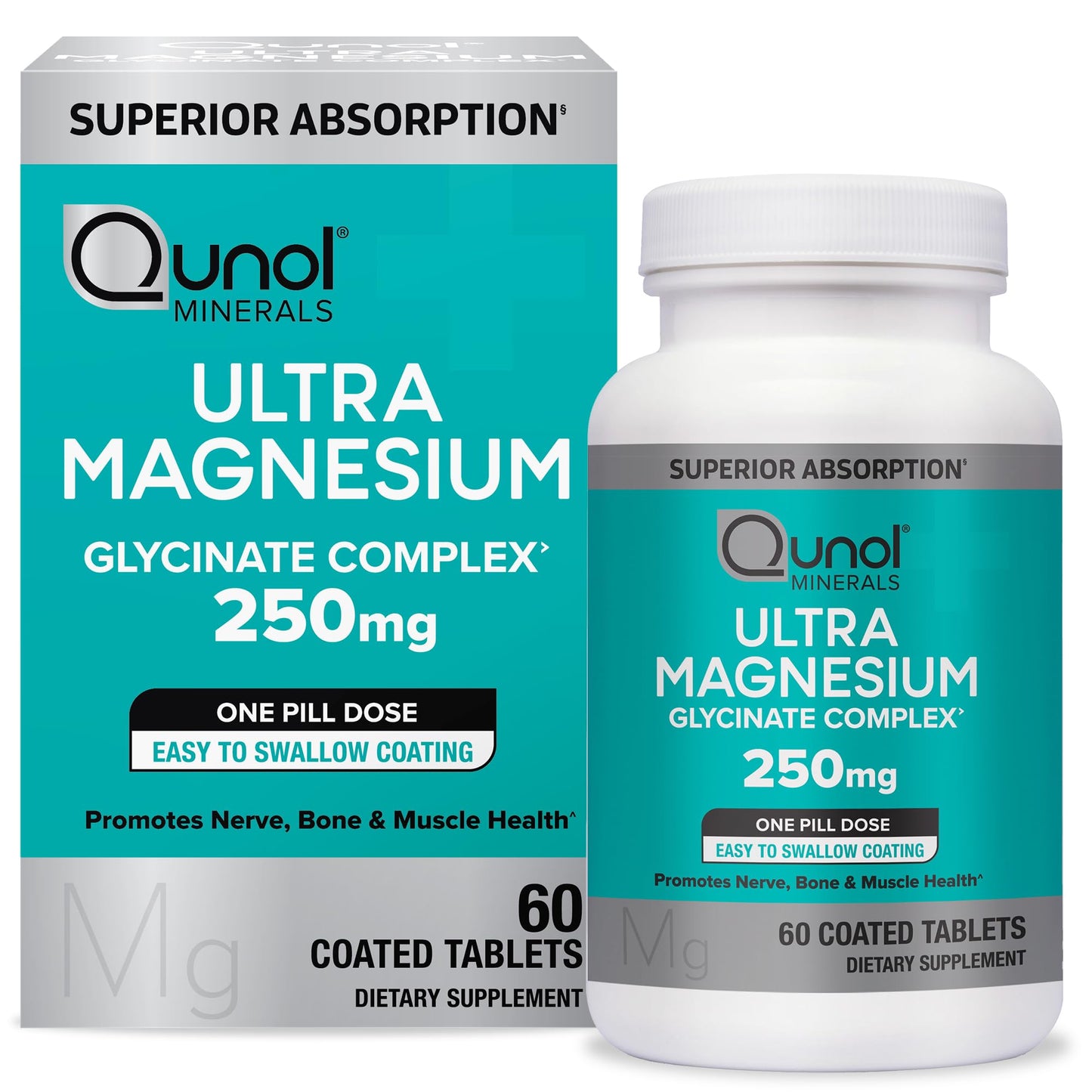 Qunol Magnesium Glycinate Complex, Gentle on Stomach, 250mg One Pill Dose, Superior-Absorption Magnesium, Nerve