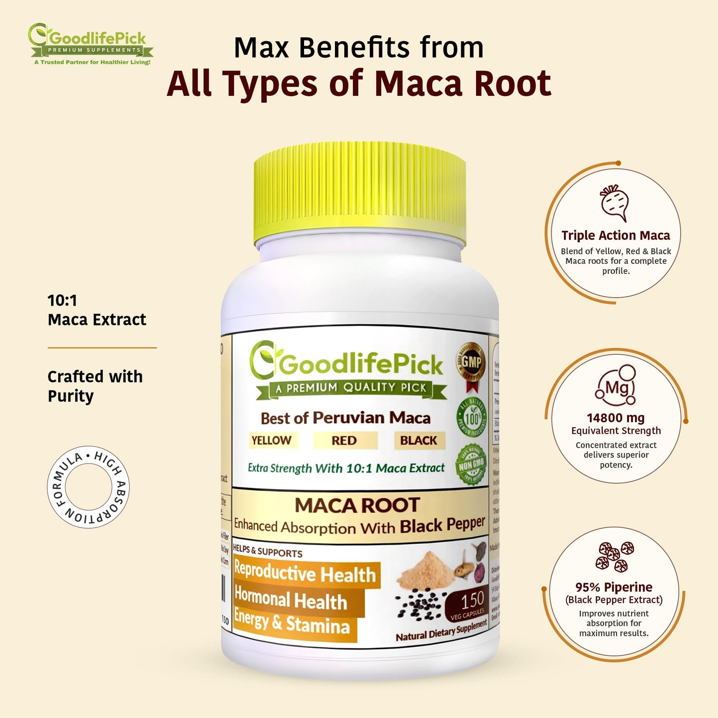 Peruvian Maca Root Capsules 150 ct. Powerful Maca Blend of Yellow Red & Black Maca Root with Black Pepper. All Natural NonGMO Vegan No Stearate No Rice Powder No Silica No Filler GoodlifePickBuy Supplements Australia