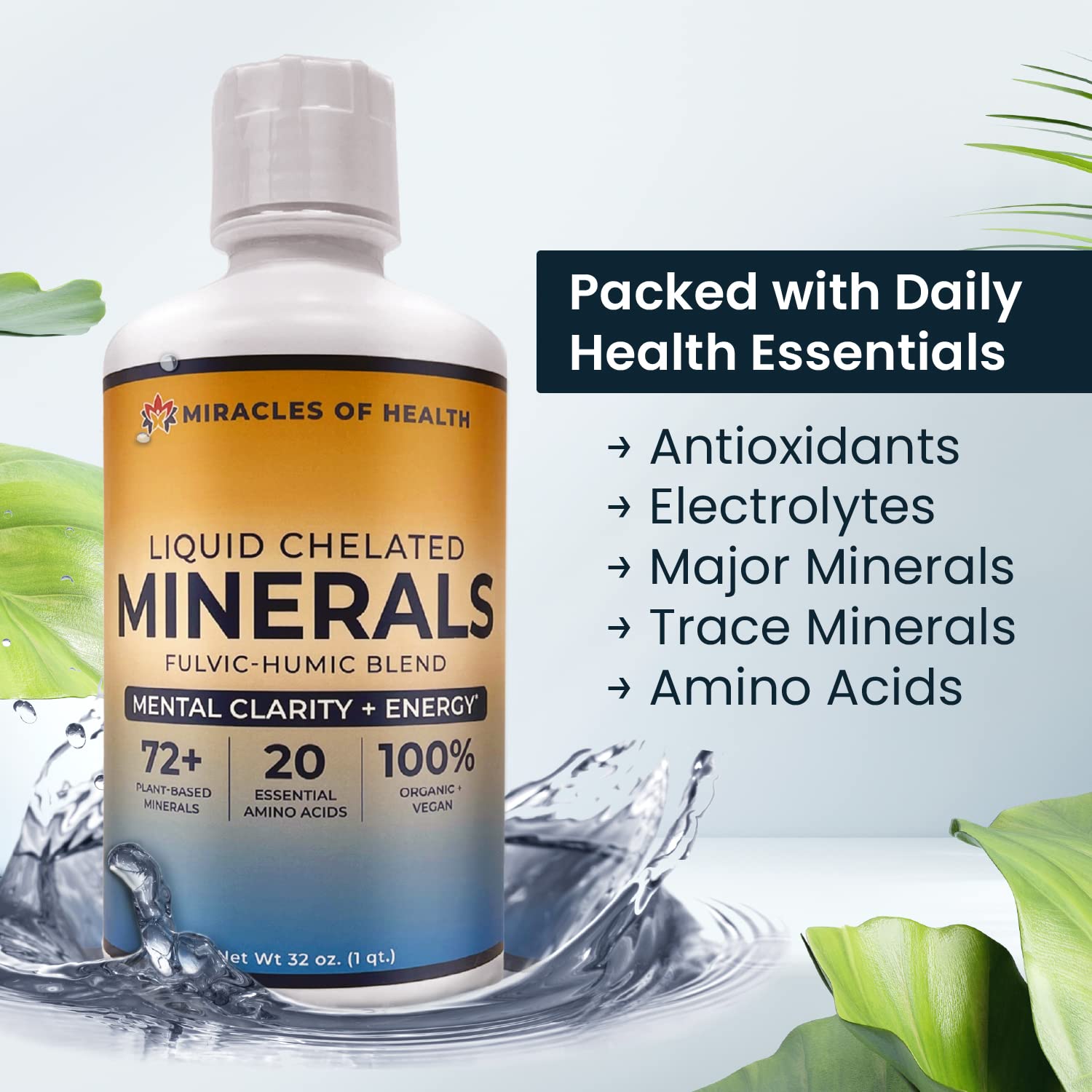 Miracles of Health Liquid Chelated Minerals - Organic Humic Fulvic Mineral Blend - 72+ Plant-Based Minerals, 20 Essential Amino Acids - 100% Natural - 1 Month Supply, 32 fl. oz Miracles of HealthBuy Supplements Australia