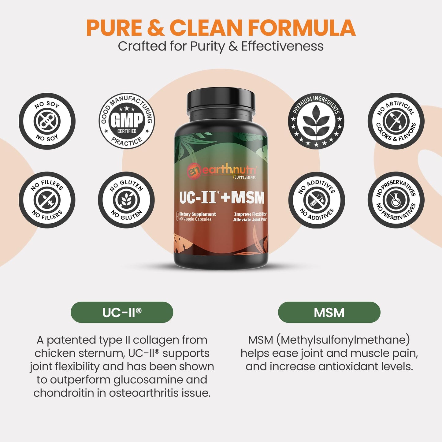 EarthNutri UC-II Collagen & MSM Supplement for Bone Health and Joint Flexibility Joint Supplement - 40mg UC-II Providing 10mg Total Collagen & 1000mg MSM - 60 Capsules (2 Caps Daily) EarthNutriBuy Supplements Australia