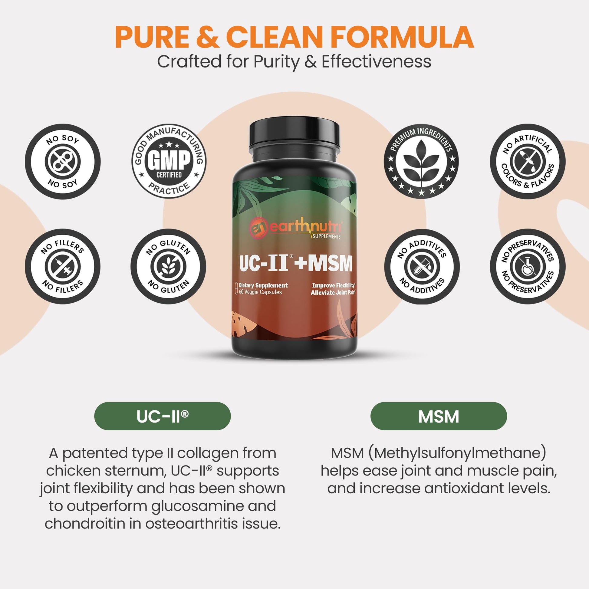 EarthNutri UC-II Collagen & MSM Supplement for Bone Health and Joint Flexibility Joint Supplement - 40mg UC-II Providing 10mg Total Collagen & 1000mg MSM - 60 Capsules (2 Caps Daily) EarthNutriBuy Supplements Australia