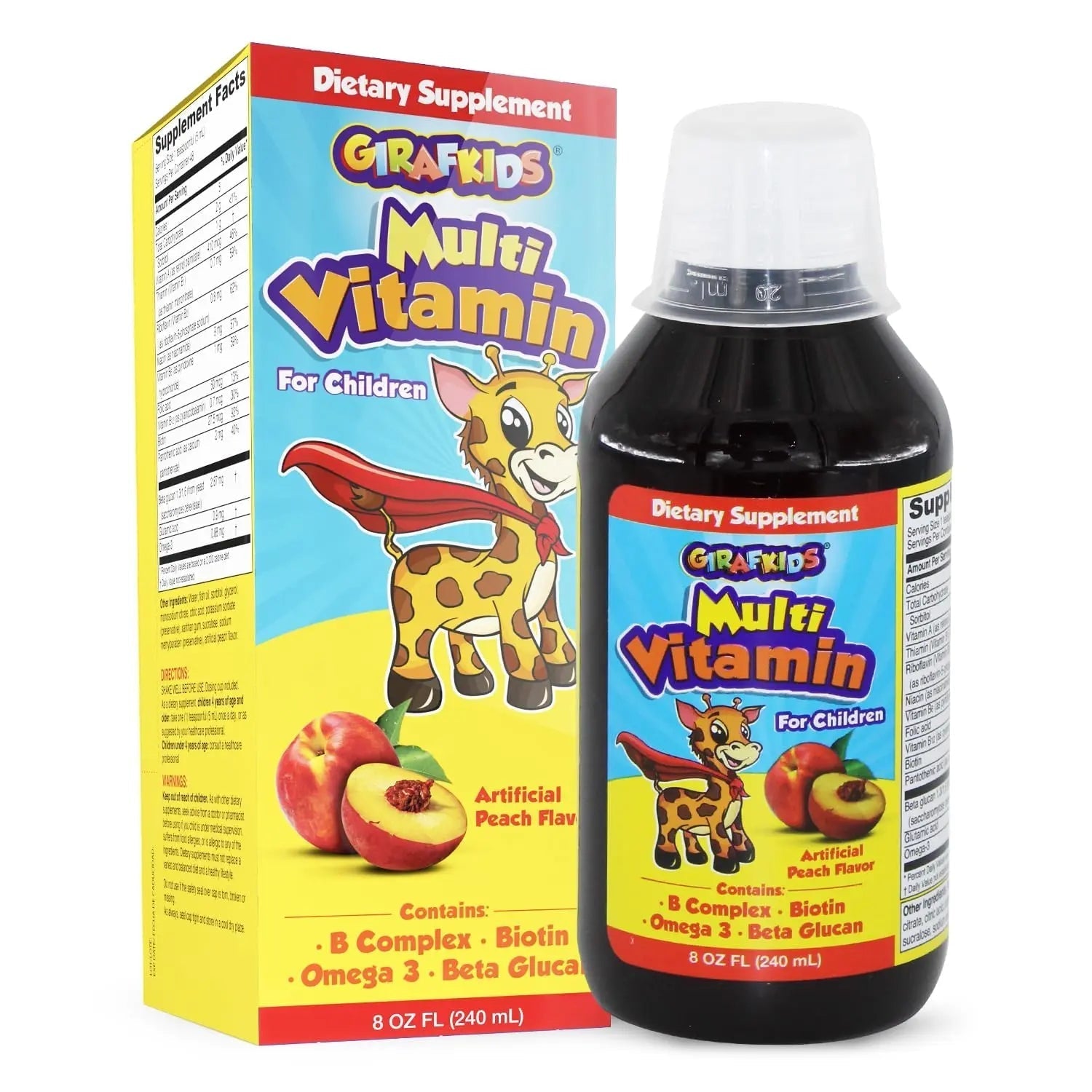 GirafKids Liquid Multivitamin for Kids Ages 4+, 8oz - Daily Child Vitamins with Biotin, Vitamin A, B Complex, Folic Acid, Omega-3 & Beta Glucan PHARMADEL
