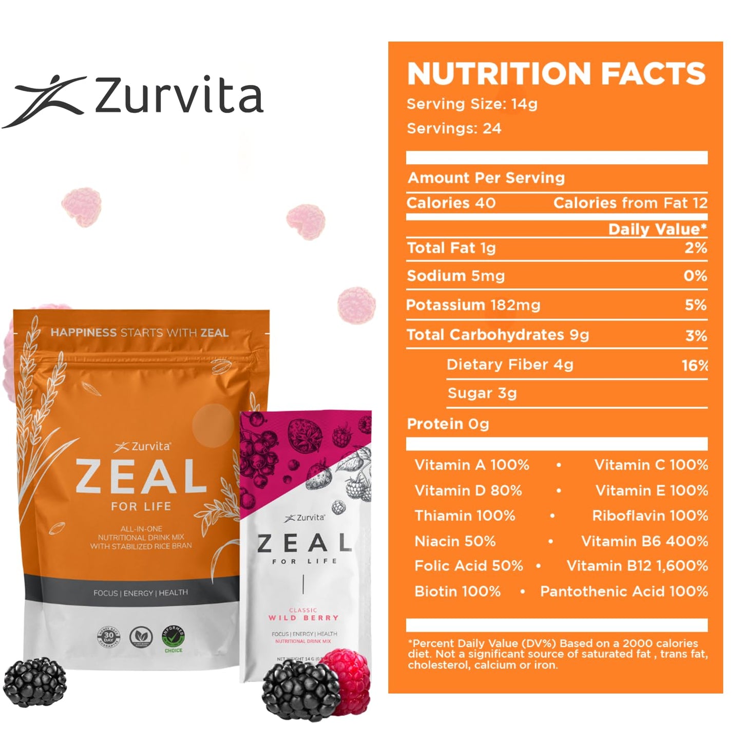 Zurvita - Zeal for Life Wellness Drink Mix - Wild Berry (Classic) Flavor - Gluten-Free, Vegan, with Vitamins and Minerals - 10 Single Packets ZurvitaBuy Supplements Australia