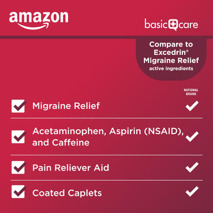 Amazon Basic Care Migraine Relief Acetaminophen, Aspirin (NSAID) and Caffeine Tablets, Pain Reliever/Pain Reliever Aid, 200 Count Amazon Basic CareBuy Supplements Australia