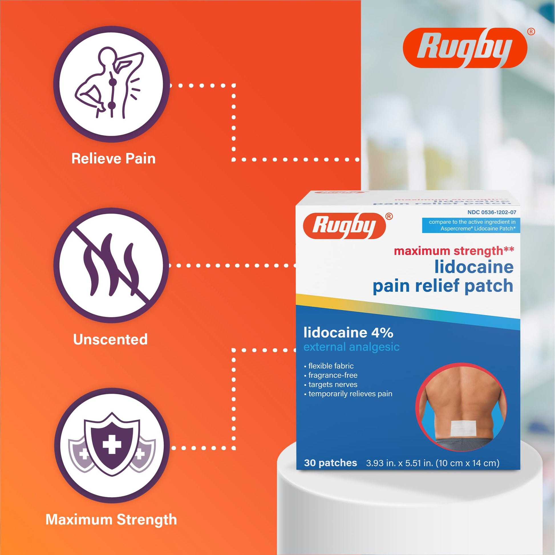 Rugby Maximum Strength Lidocaine Pain Relief Patch - 4% Lidocaine - Topical Anesthetic - Unscented - 30 Patches (1 Pack) RUGBY LABORATORIESBuy Supplements Australia