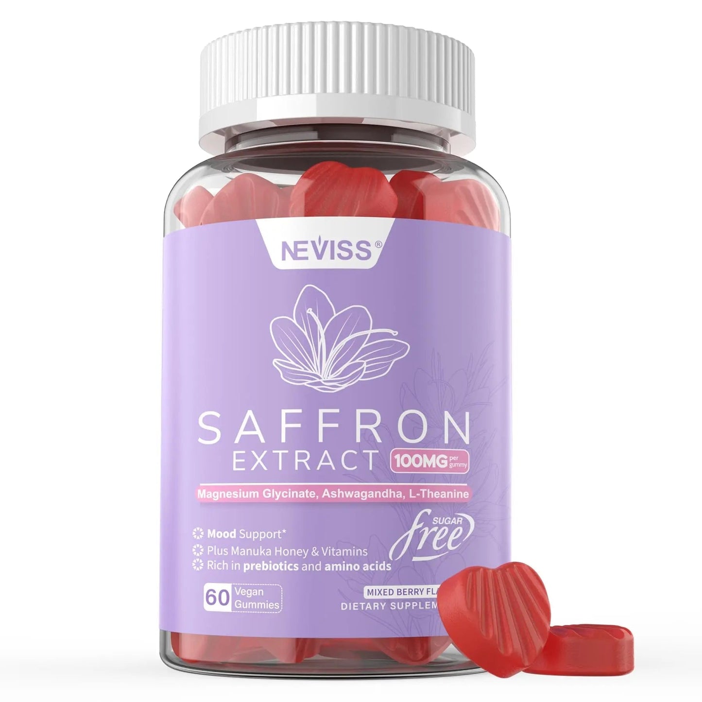 Saffron Supplements Gummies 100mg - 100% Pure Saffron Extract with Magnesium Glycinate, L-Theanine, Turmeric, Ashwagandha NEVISSBuy Supplements Australia