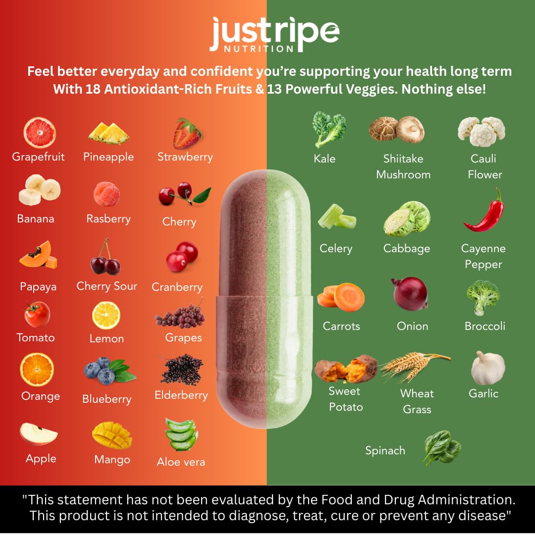 Fruits and Veggies Supplement - 90 Fruit and 90 Vegetable Capsules - 100% Whole Natural Superfood - Filled with Super Greens Vitamins and Minerals - Supports Balance Energy Levels (1 Pack) Just Ripe NutritionBuy Supplements Australia