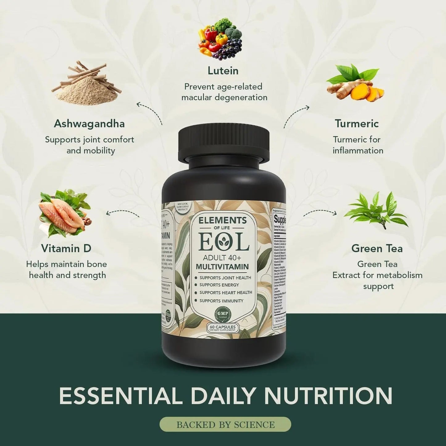 40 Plus Multivitamin for Women & Men with Vitamin A, D, B6, B12, E, Zinc, Magnesium, Calcium - Vegan, Gluten Free Elements of LIfe