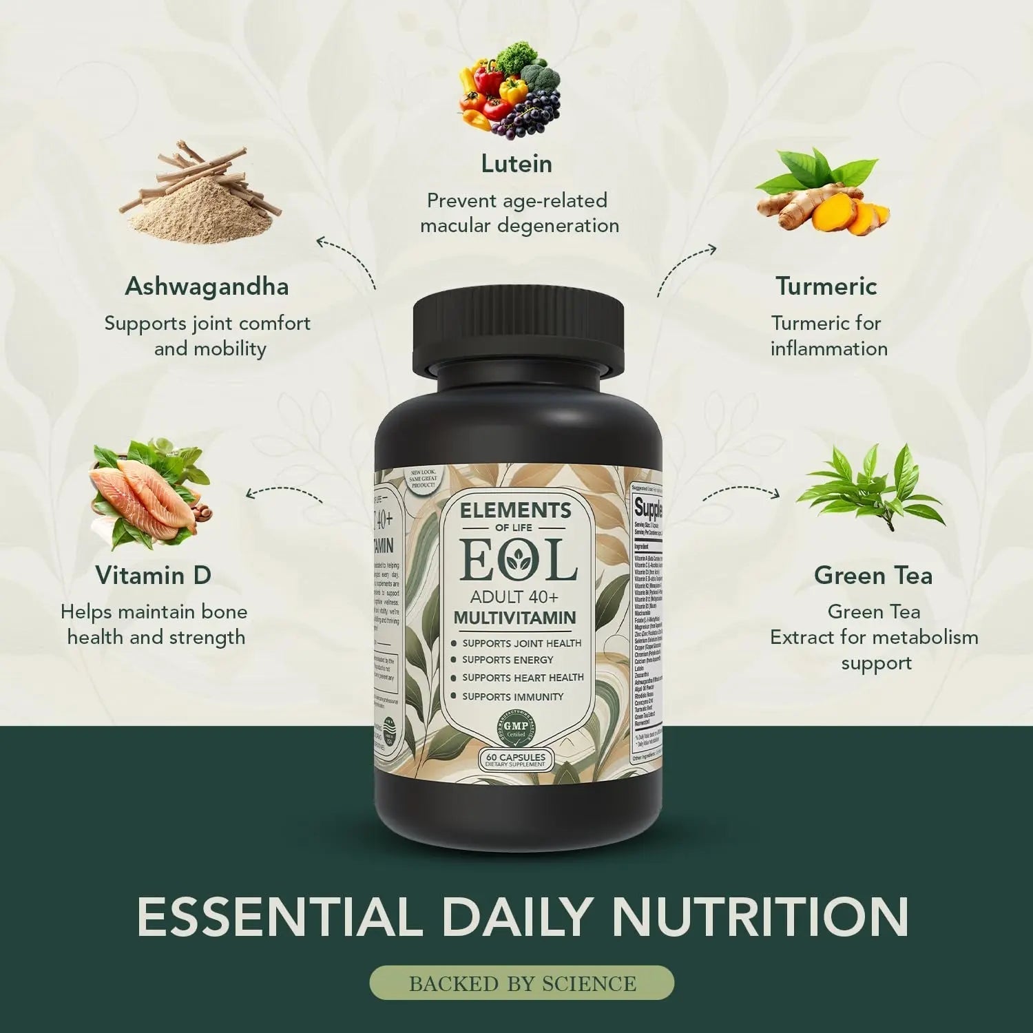 40 Plus Multivitamin for Women & Men with Vitamin A, D, B6, B12, E, Zinc, Magnesium, Calcium - Vegan, Gluten Free Elements of LIfe