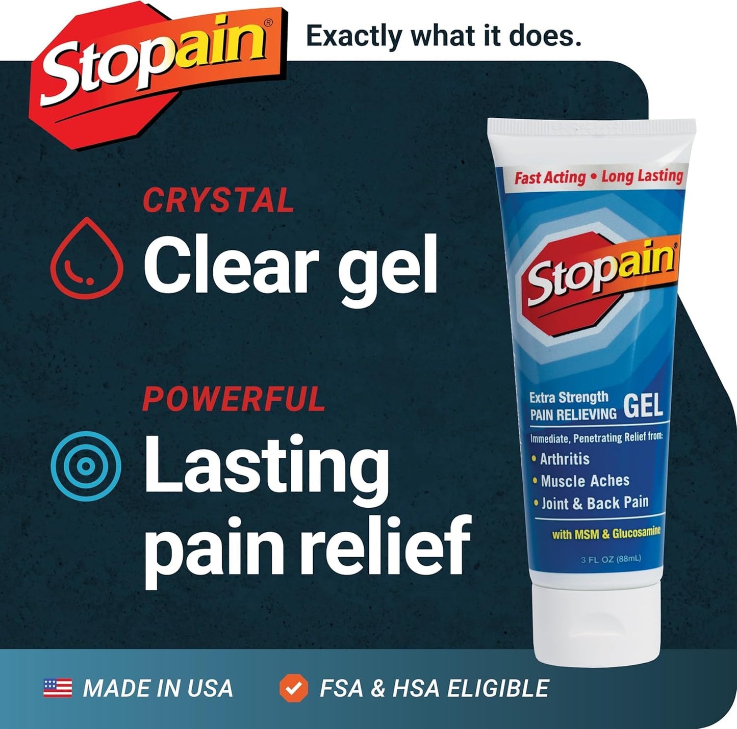Stopain Pain Relief Gel 3oz USA Made, Max Strength Fast Acting with MSM, Glucosamine, Menthol for Arthritis, Lower Back Sciatica, Knee, Neck, HSA FSA Approved Topical Analgesic Products StopainBuy Supplements Australia