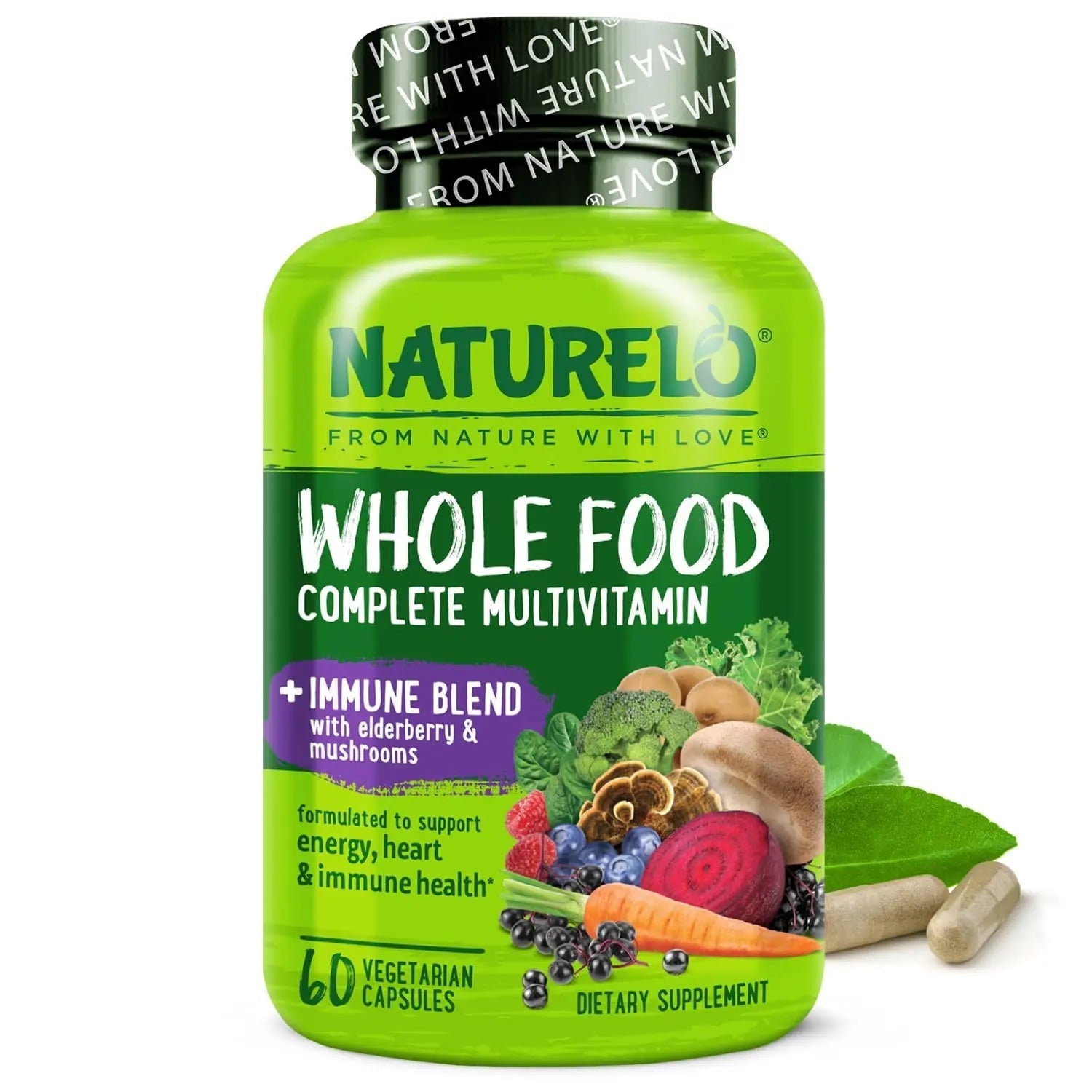 NATURELO Whole Food Multivitamin + Immune Blend with Elderberry & Mushrooms - Complete Multivitamin with Extra Immune Support NATURELO