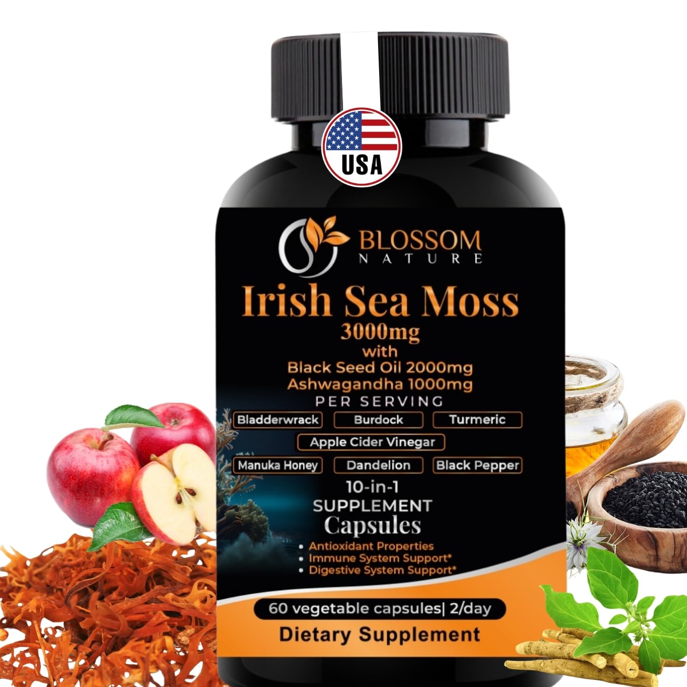 10-in-1 Irish Sea Moss Veggie Caps 3000mg Black Seed Oil Ashwagandha Bladderwrack Burdock Turmeric Apple Cider Vinegar Manuka Honey Dandelion Black Pepper - Made in US(Veggie Caps, Unflavored) Blossom NatureBuy Supplements Australia