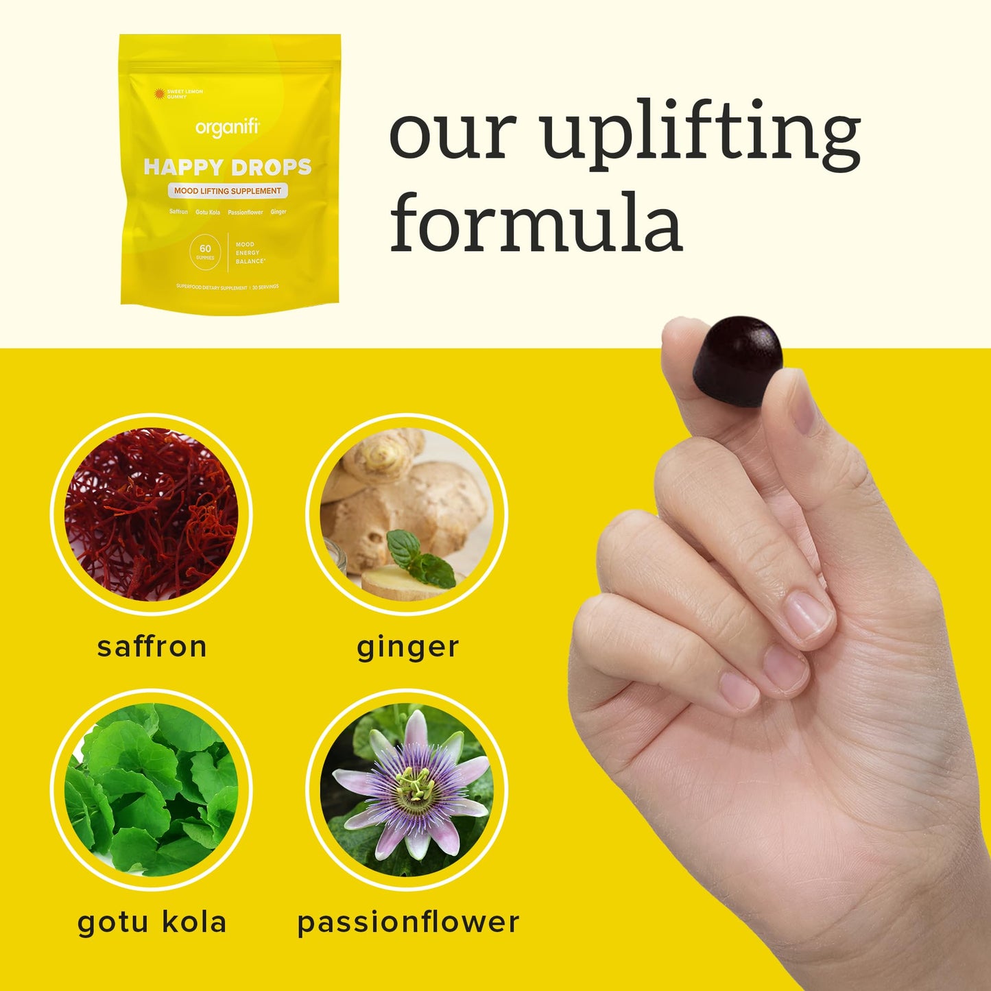 Organifi Happy Drops - Daily Superfood Happy Gummies for Adults - Mood Support Supplement for Balance, Bliss, Energy and Taking the Edge Off - Sweet Lemon Flavor - 60 Gummies OrganifiBuy Supplements Australia