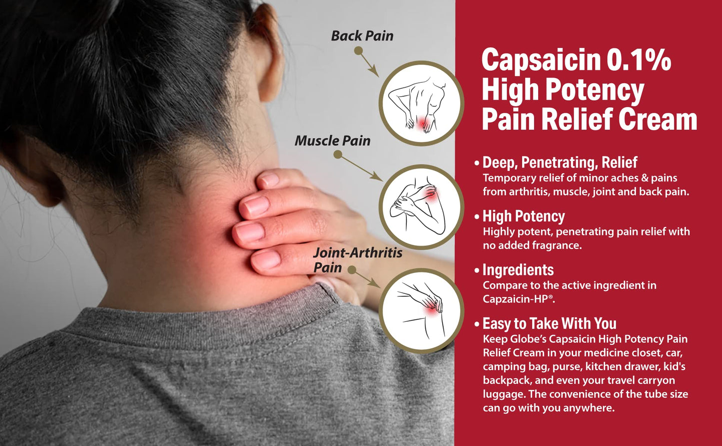 Globe (3 Pack) Capsaicin 0.1% High Potency Pain Relief Cream, Unscented (2 oz) Deep Penetrating Relief from: Arthritis, Muscle, Joint and Back Pain GlobeBuy Supplements Australia