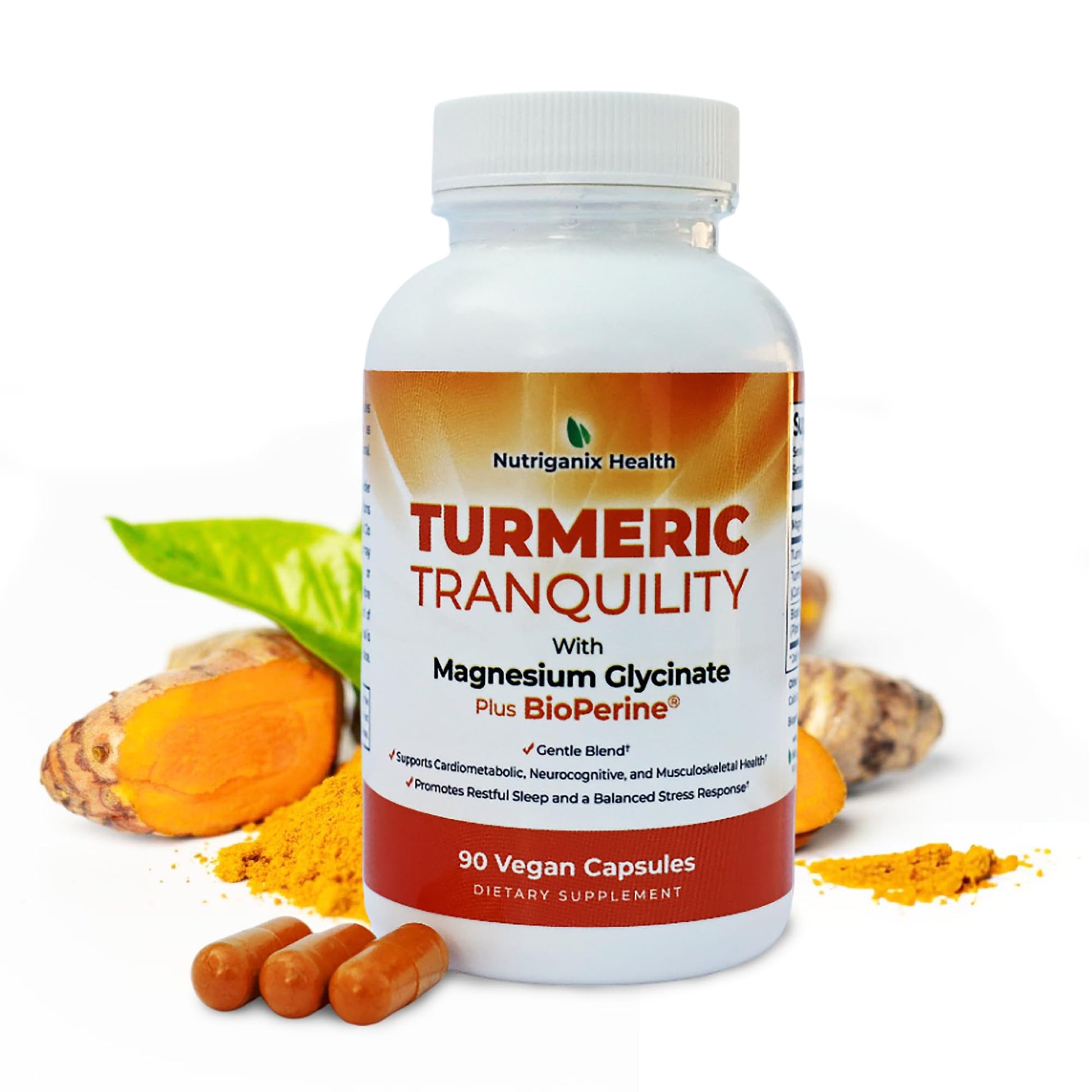 Turmeric Tranquility Turmeric Curcumin & Magnesium Glycinate with BioPerine – Support for Stress Relief, Sleep, Heart Health, Muscles, Metabolism, and Joint Health* - High Absorption - 90 Capsules (1) NutriganixBuy Supplements Australia
