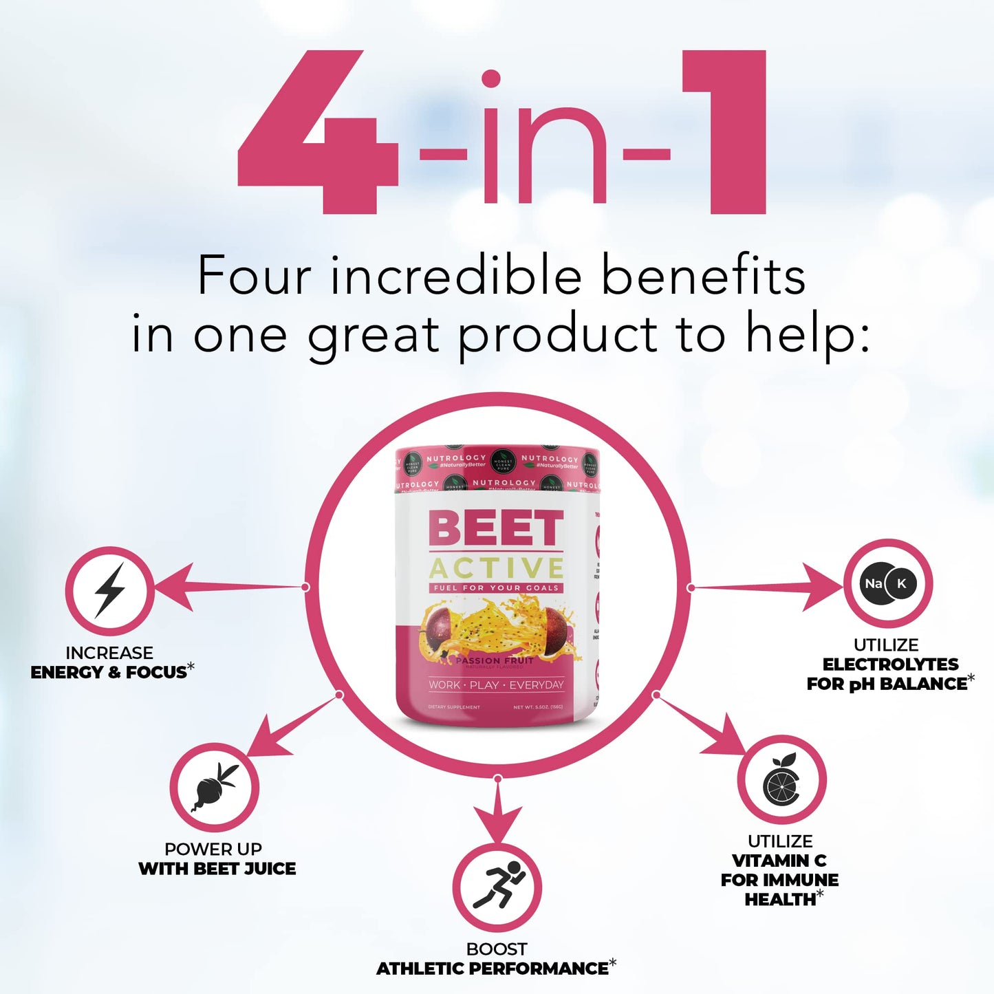 Nutrology Beet Active, Natural Pre-Workout Powder, Supports Energy, Endurance & Nitric Oxide Flow with Beet Powder, Yerba Mate & Electrolytes, Vegan Pre Workout, Passion Fruit Flavor, 30 Servings