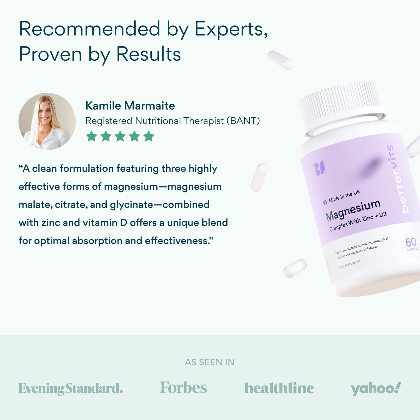 Bettervits Magnesium Glycinate Complex with Citrate Malate Zinc & Vitamin D3 | High Absorption Pure Magnesium 225mg Supplement Chelated Formula for Muscle Relaxation, Sleep Support – 60 Capsules BettervitsBuy Supplements Australia