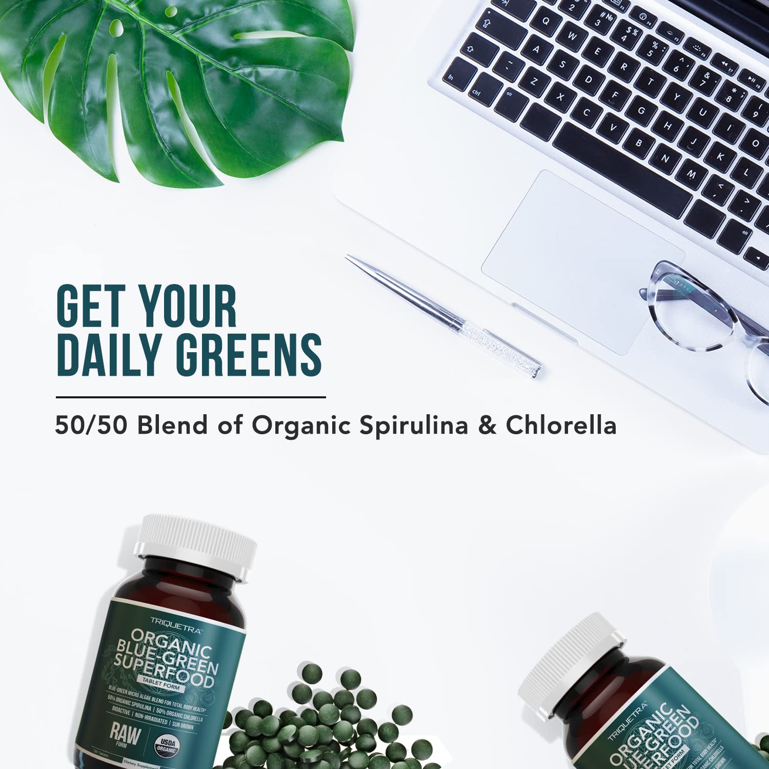 Organic Spirulina & Chlorella Tablets – 4 Organic Certifications, Raw, Non-Irradiated – 50/50 Blue Green Algae Blend – Antioxidant Content Equal to 5 Servings of Vegetables (120 Tablets) Triquetra HealthBuy Supplements Australia