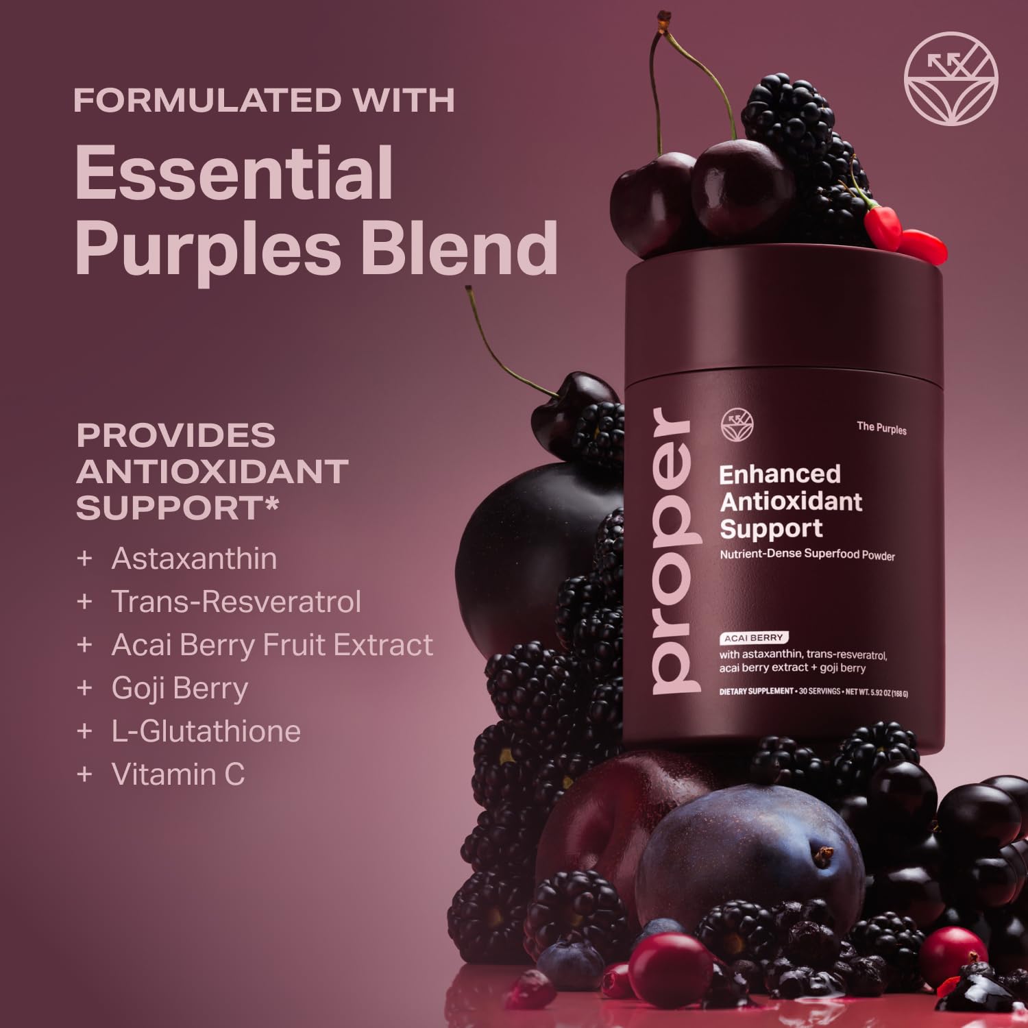 Proper, The Purples Nutrient-Dense Superfood Powder - Antioxidant Supplement and Cellular Support – Acai, Amla, Blueberry, Vitamin C, B Vitamins & More - Enhanced with Prebiotic Fiber & Probiotics ProperBuy Supplements Australia