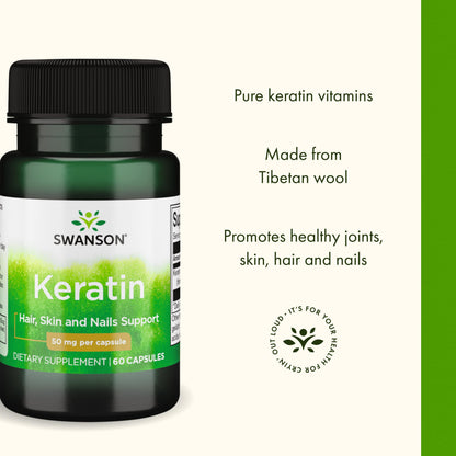 Swanson Keratin (from Tibetan Wool) - Natural Supplement Promoting Healthy Joints, Hair, Skin & Nails - Helps Nourish Healthy Connective Tissues - (60 Capsules, 50mg Each) SwansonBuy Supplements Australia