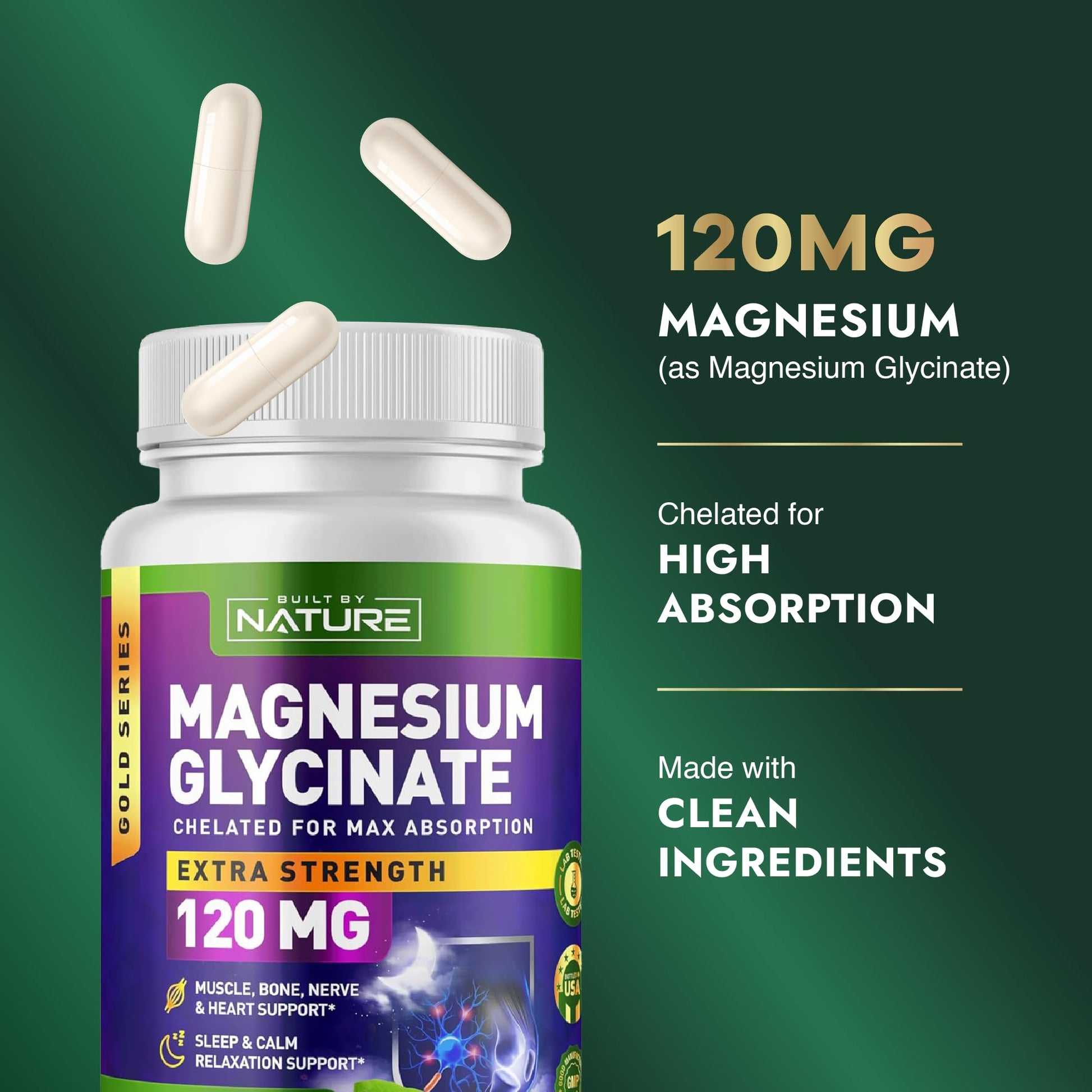 Built By Nature Magnesium Glycinate - Chelated for High Absorption – Supplement to Support Sleep, Muscle, Heart & Nerve Health - 120 mg Magnesium per Serving/Capsule - 90 Capsules Built by NatureBuy Supplements Australia