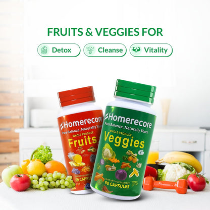 HOMERECORE Whole Food Fruits & Veggies Supplement Plant-Based, Vegan, Gluten-Free, Soy-Free No Fillers Natural Superfoods Boost Energy & Immune System for Men & Women 90 Fruit & 90 Veggie Capsules HOMERECOREBuy Supplements Australia