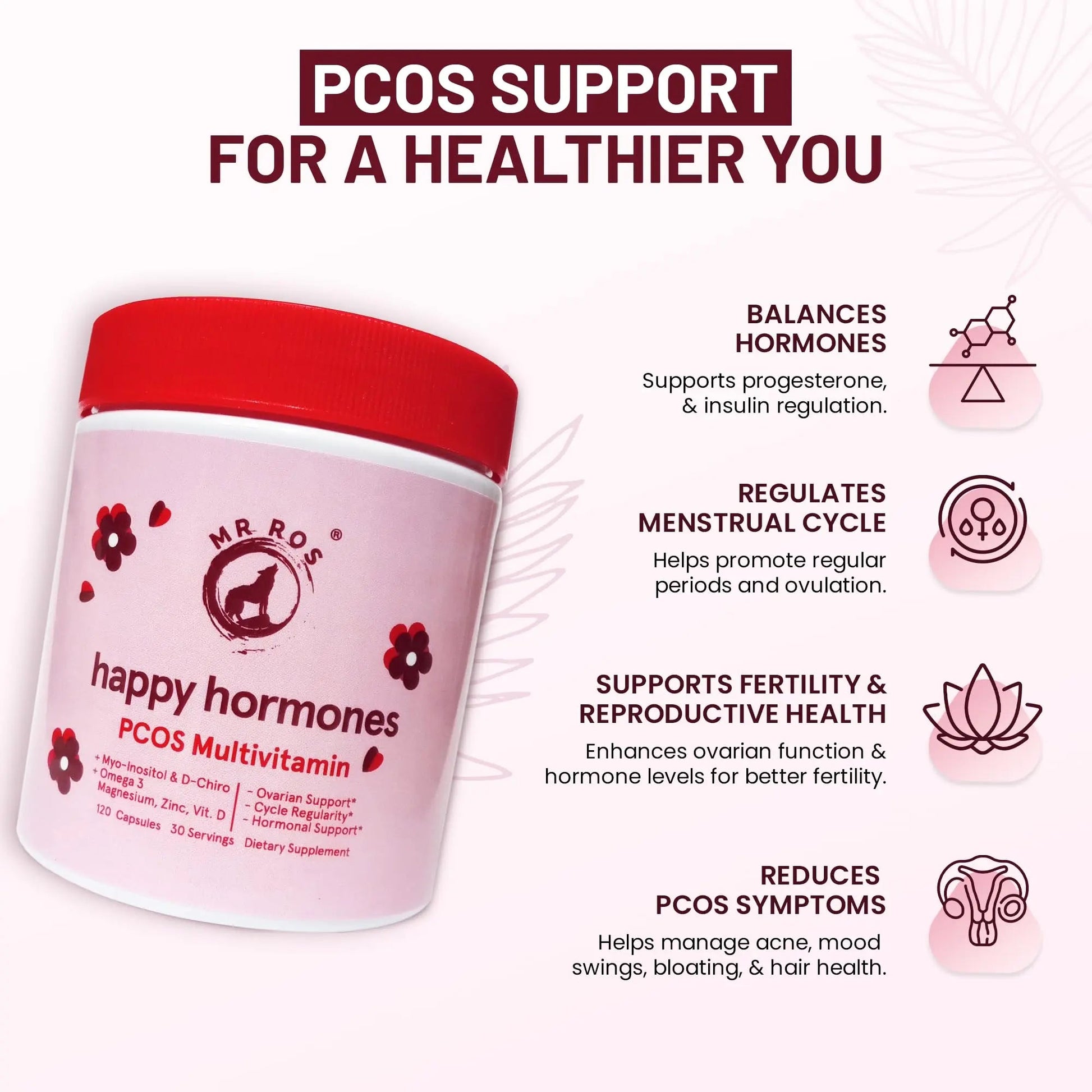 Mr Ros PCOS Multivitamin for Women – Happy Hormones Formula – Myo & D-Chiro Inositol 40:1, Omega-3, Vitamin D3, Zinc & Magnesium Mr Ros
