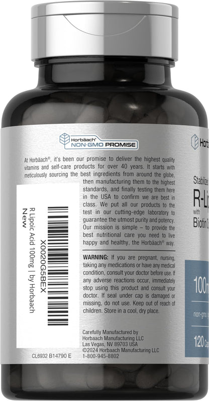 R-Lipoic Acid 100 mg | 120 Capsules | with Biotin Optimizer | Non-GMO, Gluten Free HorbäachBuy Supplements Australia