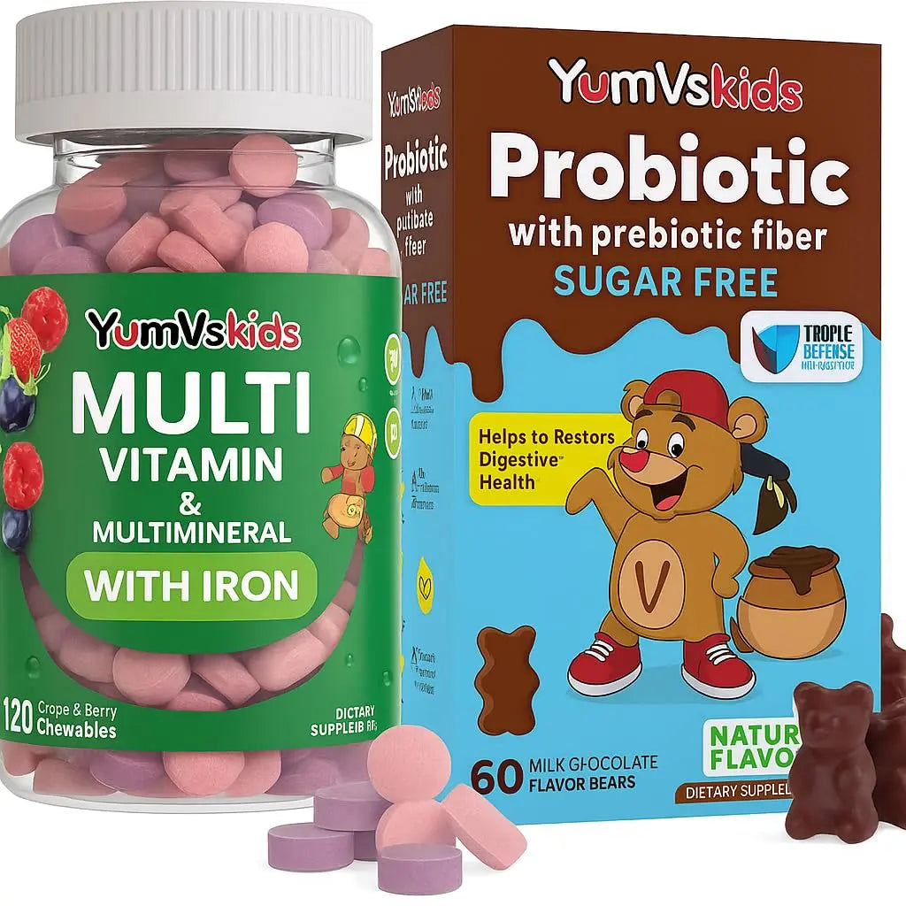 YUM-V'S Probiotics & Multivitamin Bundle for Kids – Probiotic with Prebiotic Fiber Chocolate Bears + Multivitamin & Multimineral with Iron Chewables – Digestive, Immune & Overall Health Support YUM-V'SBuy Supplements Australia