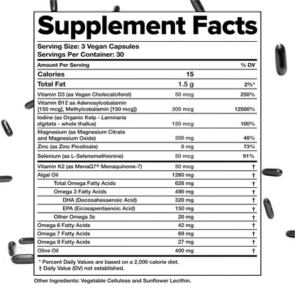 Complement Essential Vegan Multivitamin for Men & Women (30 Servings, 90 Capsules) with Omega-3 DHA & EPA, B12, Vitamin D3 & K2, Zinc, Selenium, Magnesium, Iodine - Supports Immunity & Overall Health ComplementBuy Supplements Australia