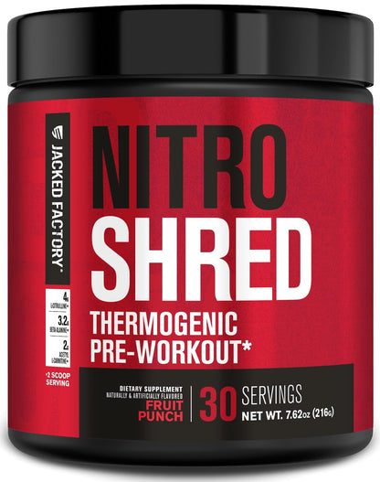 Jacked Factory NITROSURGE Shred Pre Workout Supplement - Energy Booster, Instant Strength Gains, Sharp Focus, Powerful Pumps - Nitric Oxide Booster & PreWorkout Powder - 30Sv, Fruit Punch