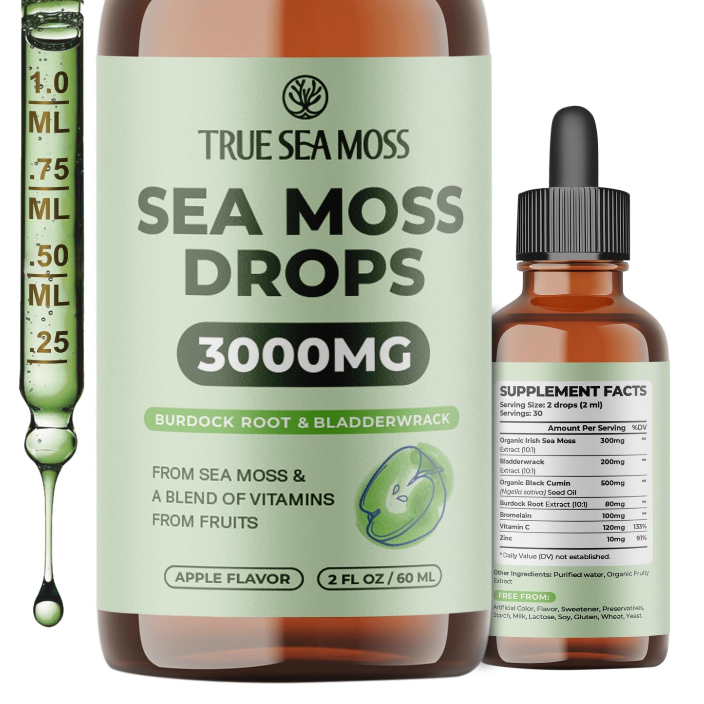 Irish Sea Moss Liquid Drops - 3000mg Formula - with Bladderwrack, Burdock Root & Black Cumin Seed - Liquid Supplement - Apple Flavor - 2 Fl Oz (60ml) TrueSeaMossBuy Supplements Australia