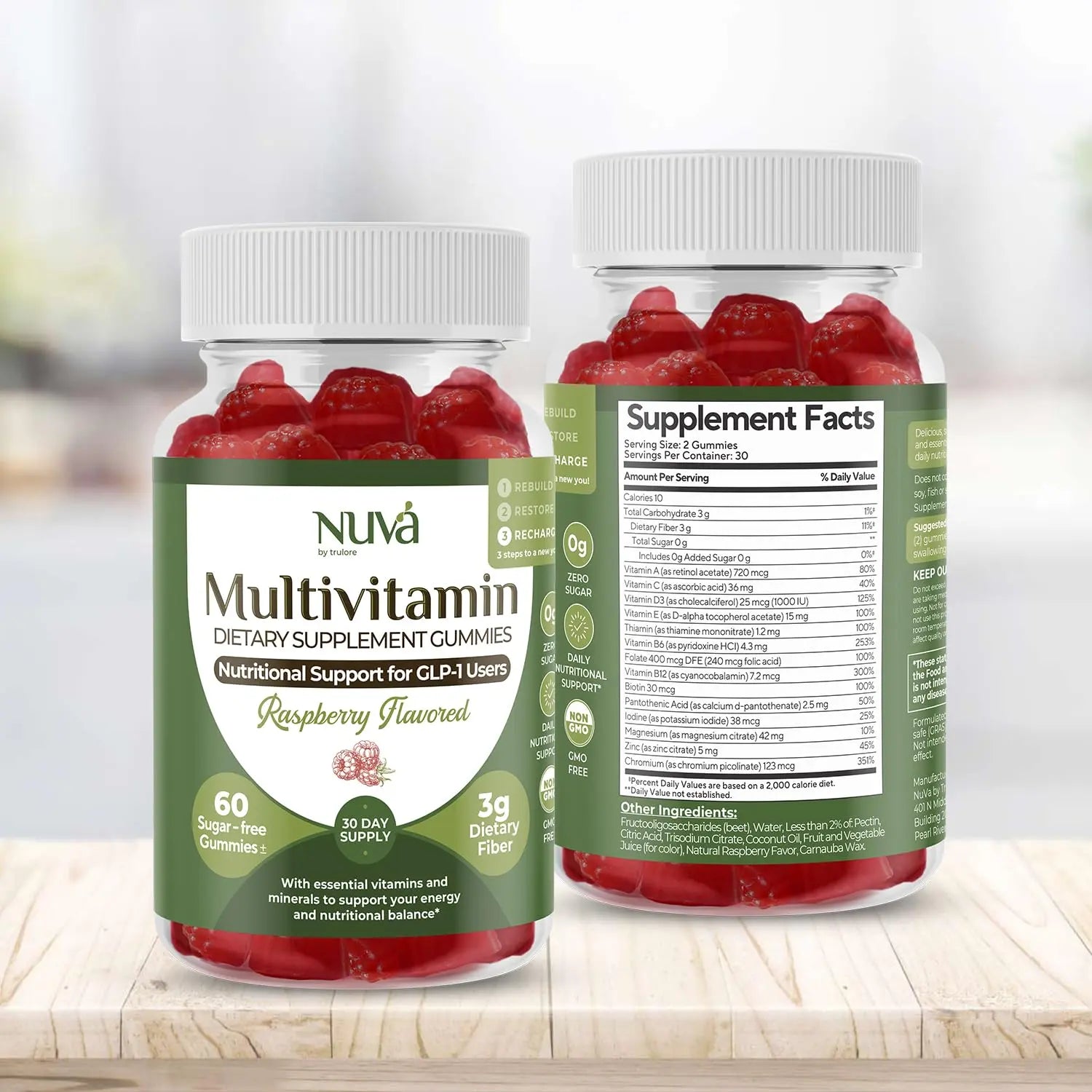 NuVa GLP-1 Support Multivitamin Gummies for Men & Women: Raspberry, Sugar-Free, 3g Fiber for Digestion & Gut Health NuVa