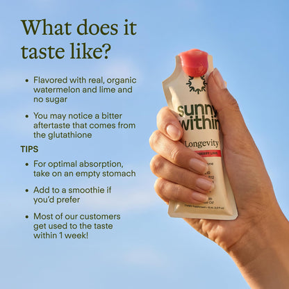 Sunny Within - Liposomal Glutathione Supplement NAD+ Longevity Mix w/Liquid NAD+, CoQ10, B12, MCT & Avocado Oil – Cellular Health, Energy, Brain, Gut & Heart Support* – Strawberry Lime – 30 Pouches Sunny WithinBuy Supplements Australia