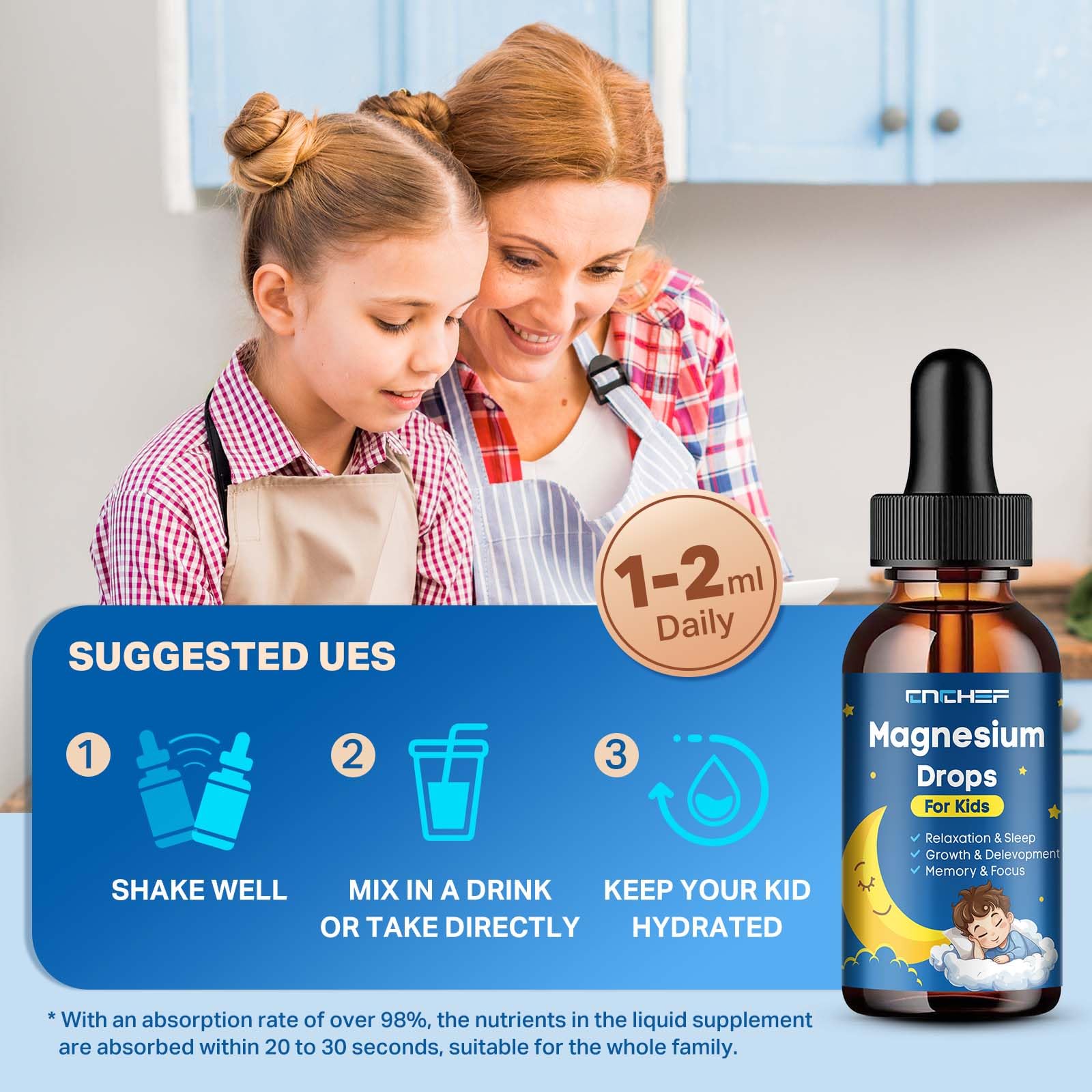 Magnesium Drops - Magnesium Glycinate Liquid Drops for Kids - Calm, Sleep, Relaxation, Bones, Brain Support with Vitamin B6, C, D3, Omega-3, L-Theanine, Zinc, Multivitamins - Strawberry Flavor 2 Fl Oz CNCHEFBuy Supplements Australia