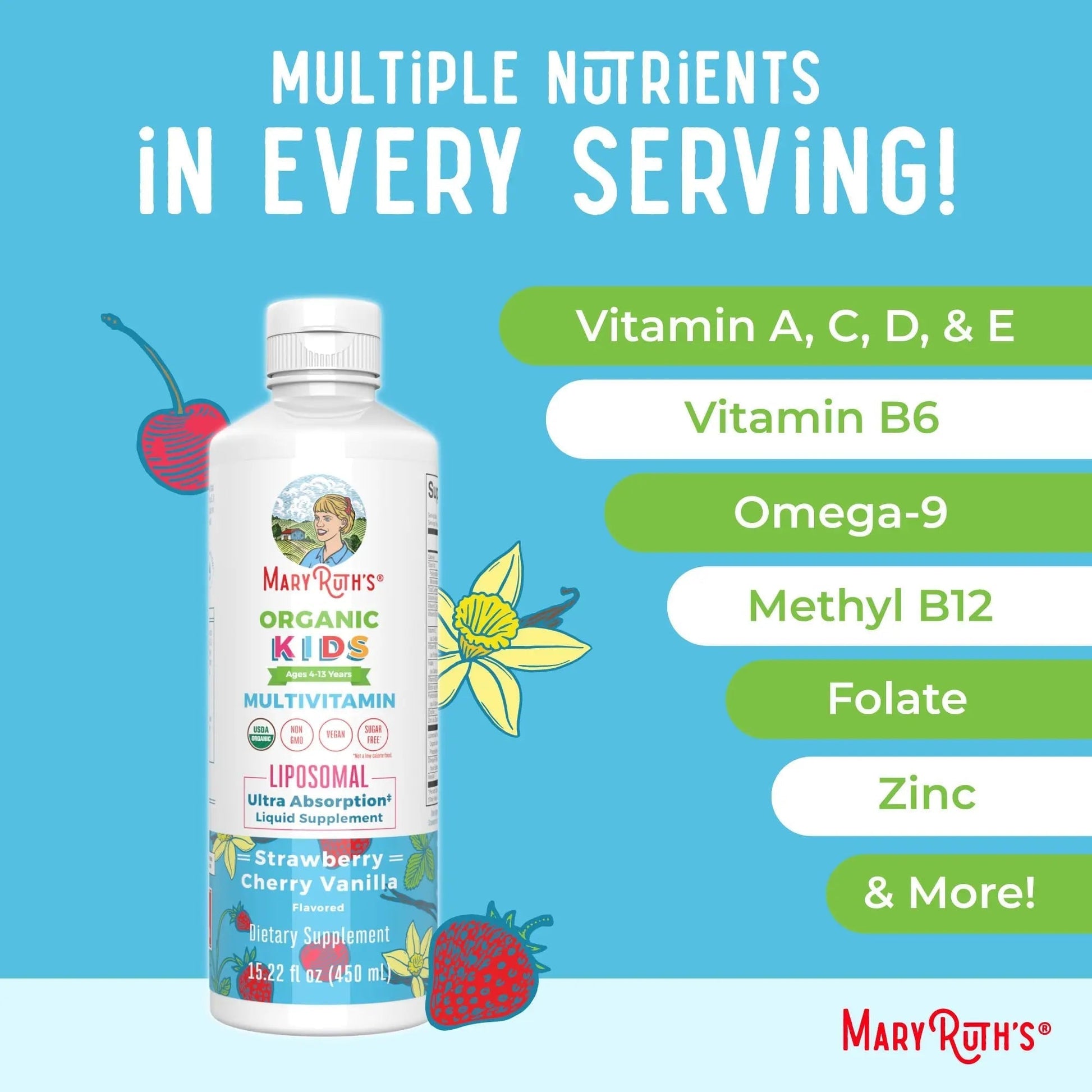 MaryRuth Organics Kids Multivitamin Liposomal (Strawberry Cherry & Vanilla) & Vitamin D3 Liposomal (Mixed Berry) Clean Label Project Verified MARYRUTH'S