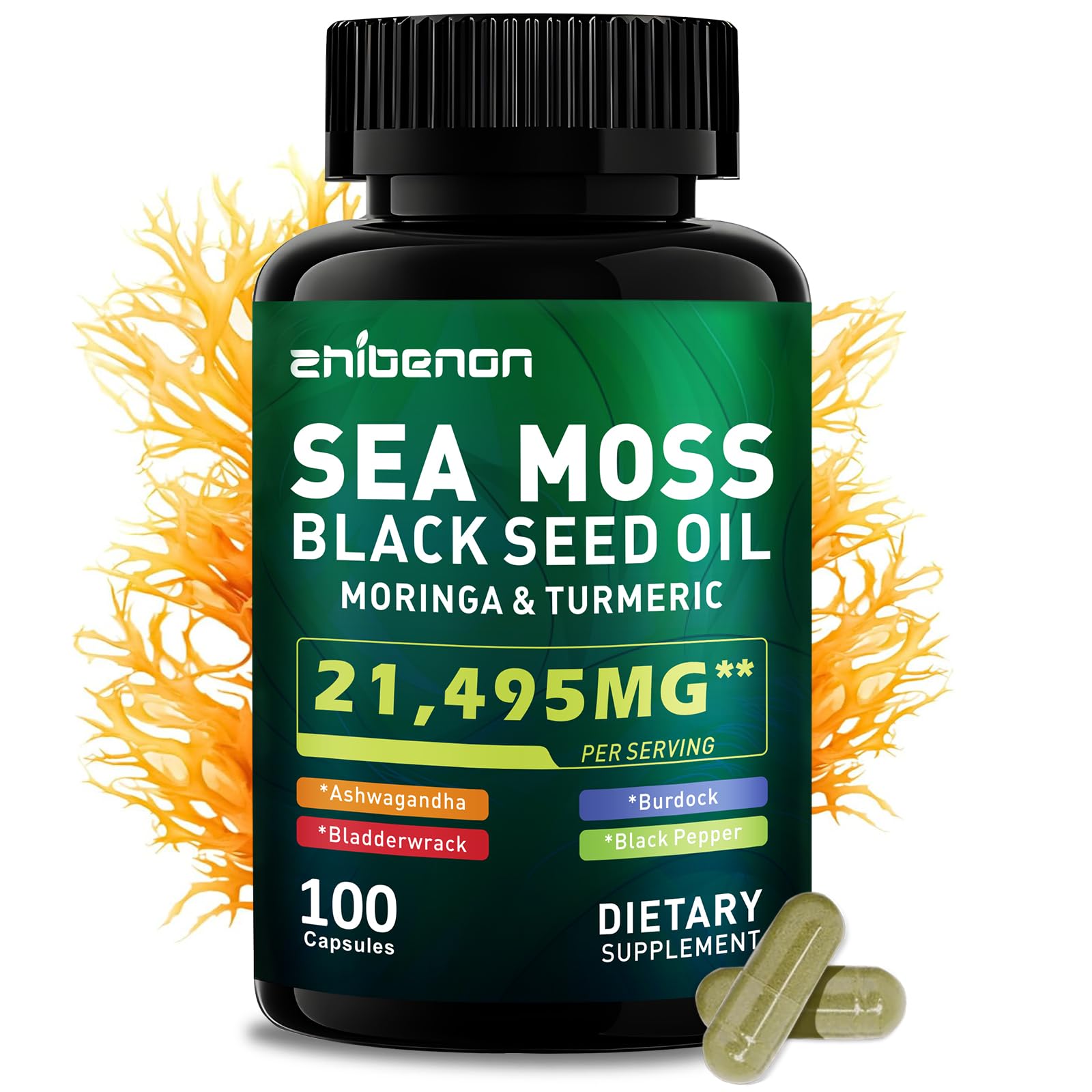 Zhibenon Sea Moss Capsules with Bladderwrack & Burdock - 50 Day Supply - Powerful Formula with Black Seed Oil, Ashwagandha, Turmeric, Vitamin C, Vitamin D3, Moringa & Black Pepper Extract ZhibenonBuy Supplements Australia