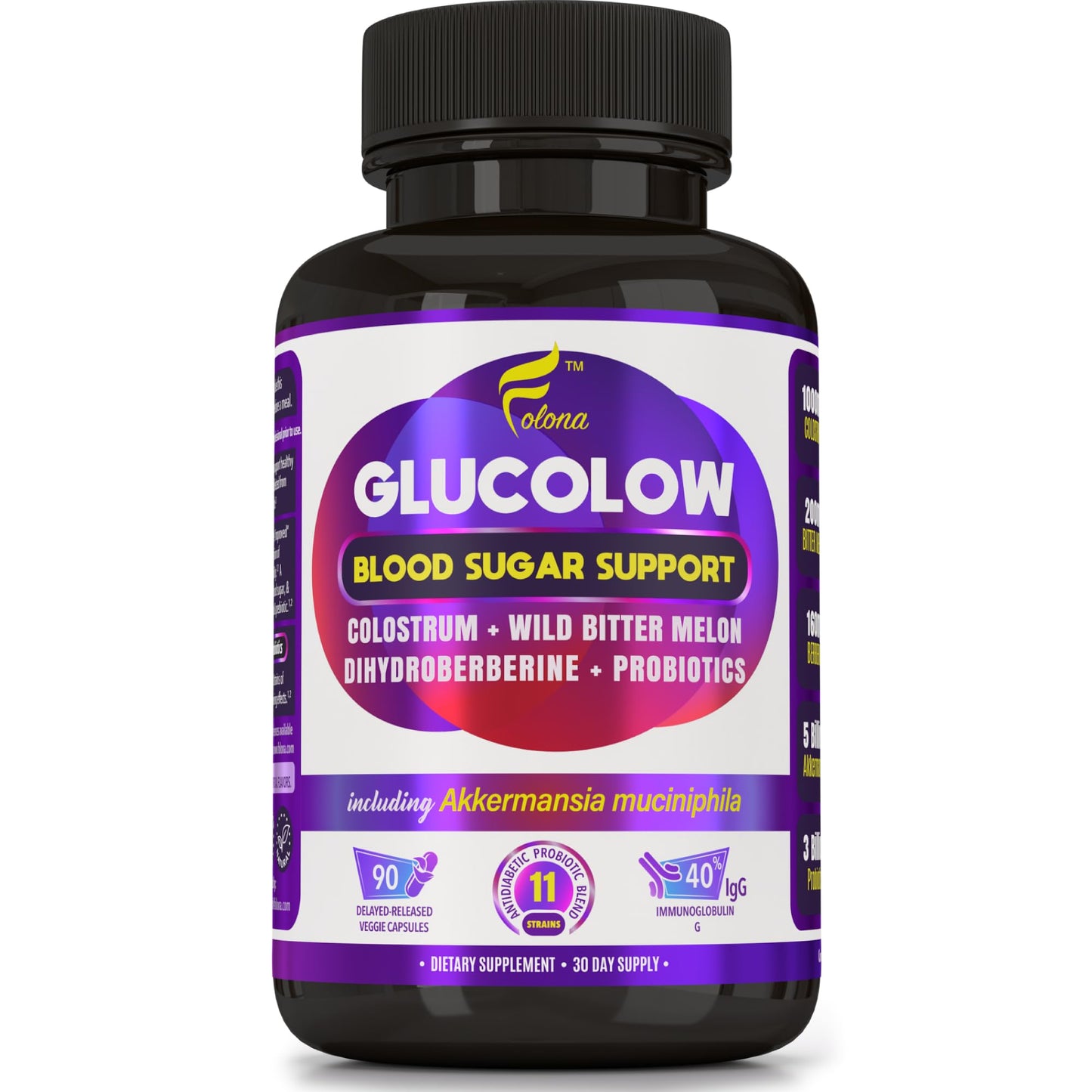 Blood Sugar Support Colostrum Supplement w/ Bitter Melon, Probiotics Blend w/ Akkermansia & Prebiotic Berberine | For Healthy Blood Glucose, Metabolism, Gut & Immunity | 90 Delayed Release Vegan Caps FOLONABuy Supplements Australia
