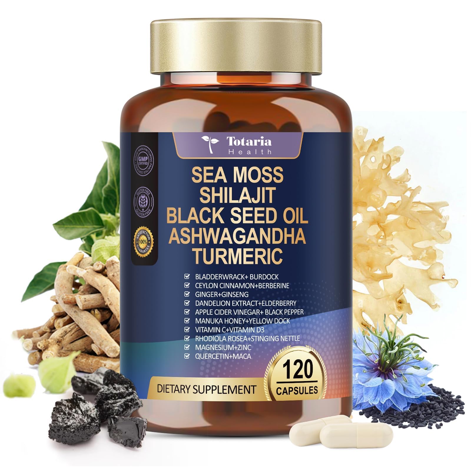 25-in-1 Sea Moss Black Seed Oil Ashwagandha Ginger Shilajit Supplement, Sea Moss Capsules Pro with Bladder Burdock Ceylon Cinnamon Berberine ACV Manuka VIT C & D3 for Men Women, 120 Vegan Caps TotariaBuy Supplements Australia
