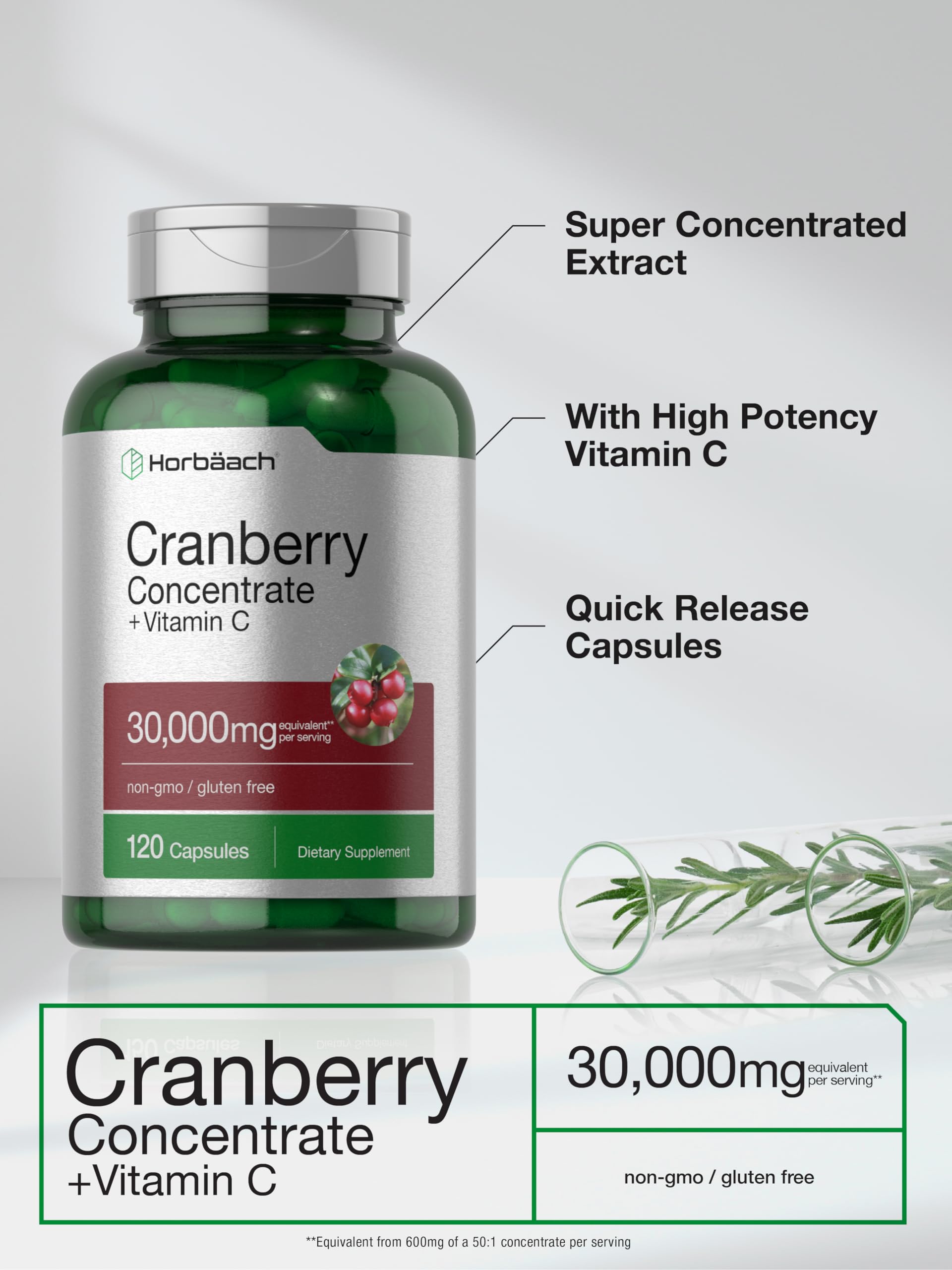 Cranberry Concentrate Extract Pills + Vitamin C | 30,000mg | 120 Capsules | Triple Strength HorbäachBuy Supplements Australia