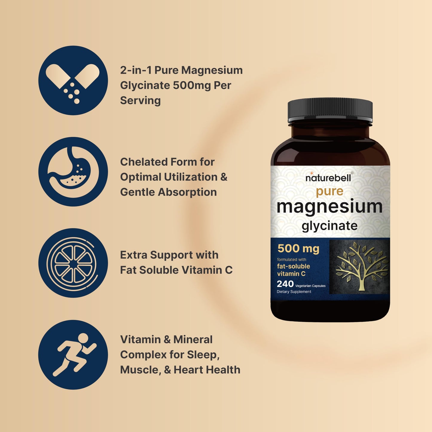 Naturebell Pure Magnesium Glycinate 500mg, 240 Veggie Capsules | 100% Chelated & Purified – 3rd Party Tested, Vegan Friendly, Non-GMO, Fiiler Free NatureBellBuy Supplements Australia